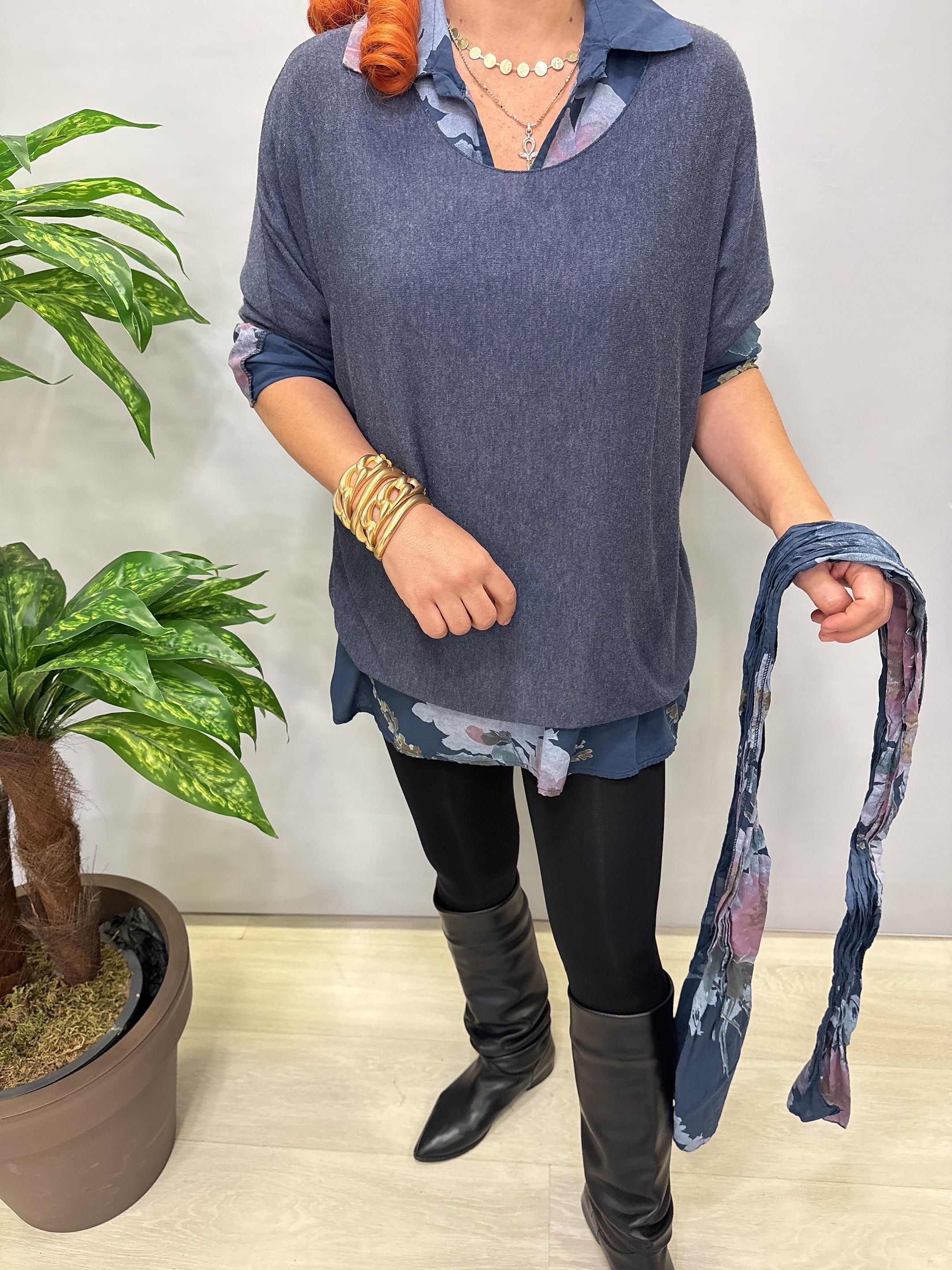 4646 Italyan Fularlı Pamuklu Bluz Lacivert