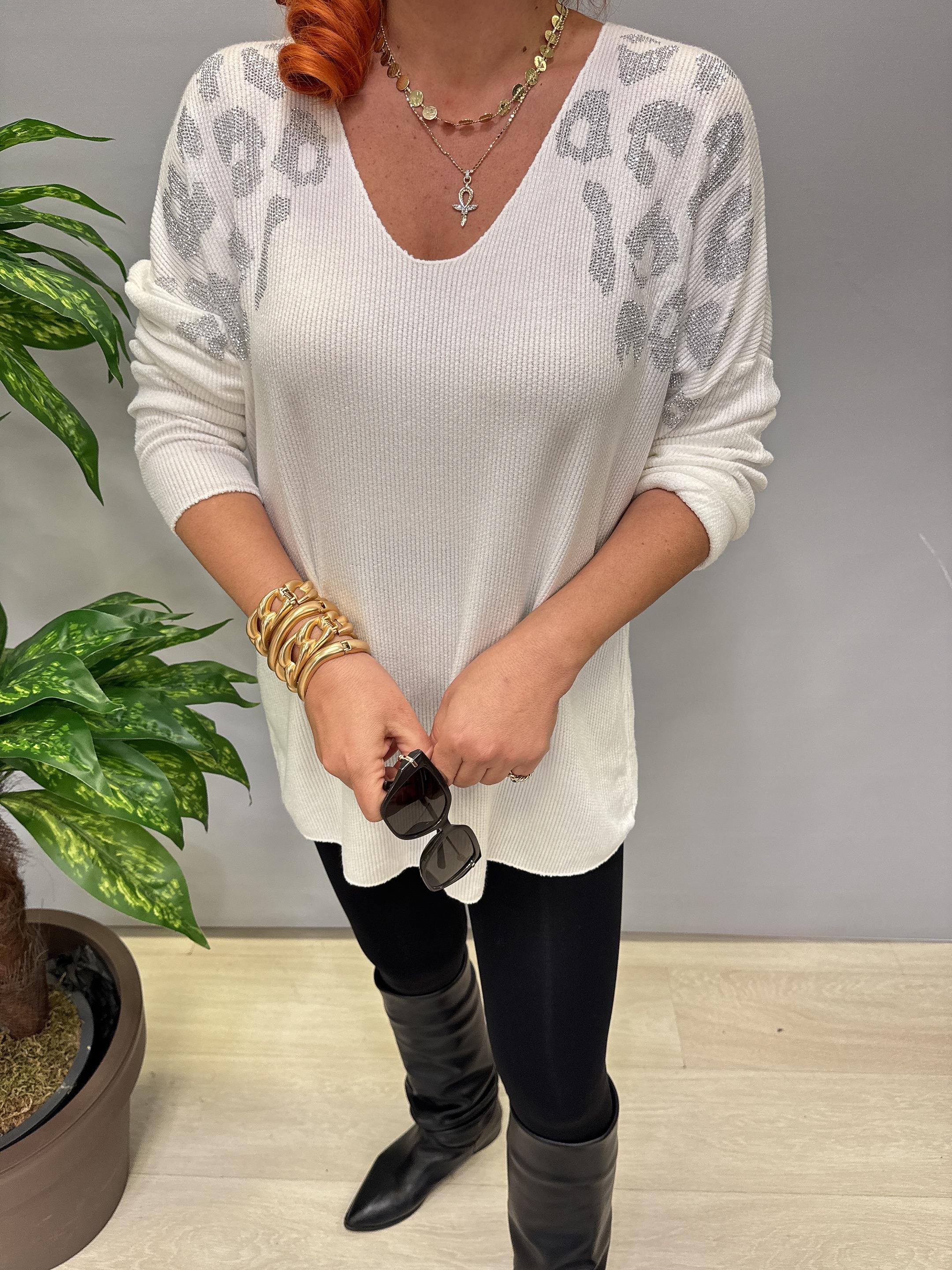 4646 Italyan Taşlı Leopar Detay Triko Bluz Beyaz