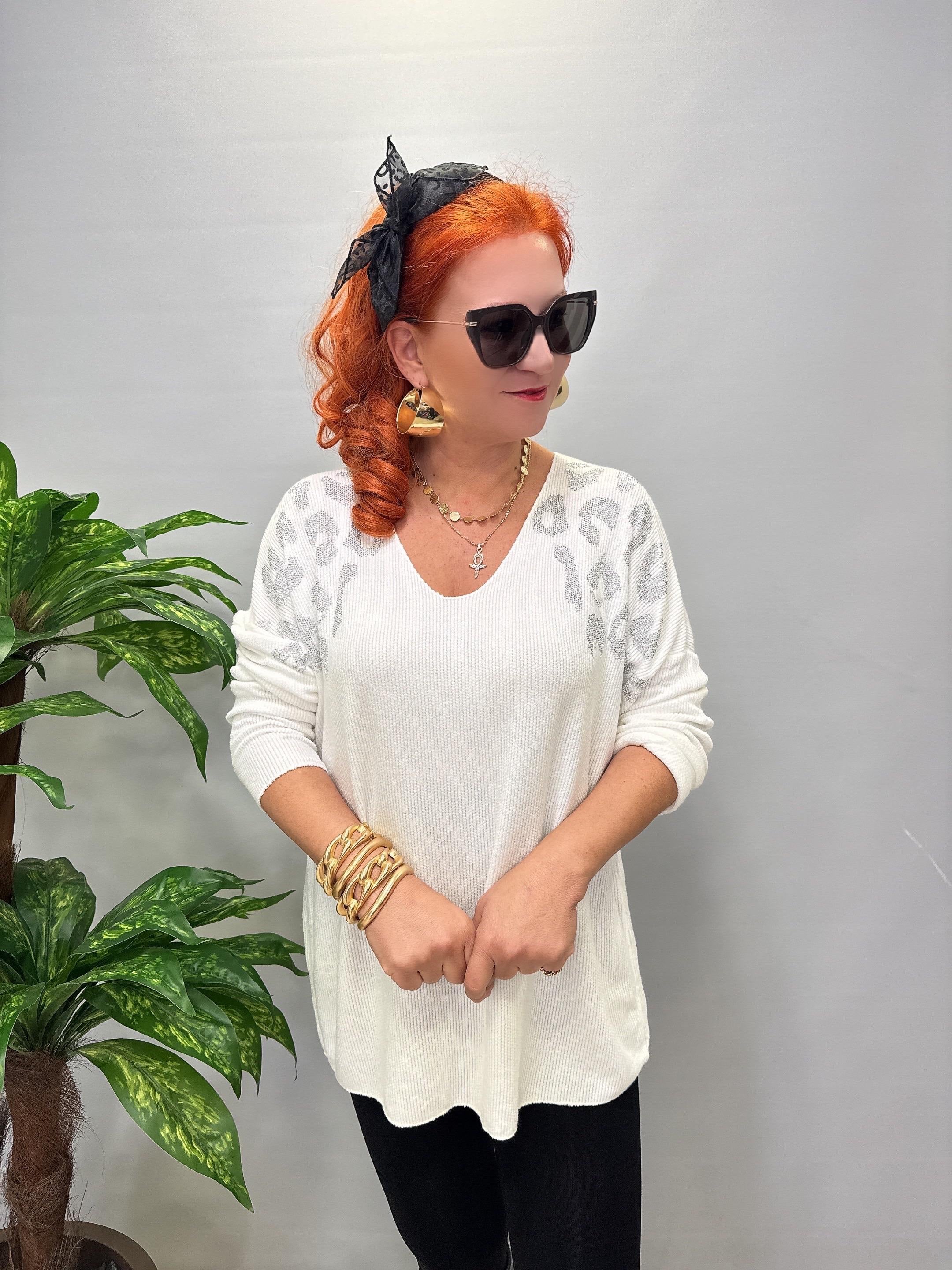 4646 Italyan Taşlı Leopar Detay Triko Bluz Beyaz