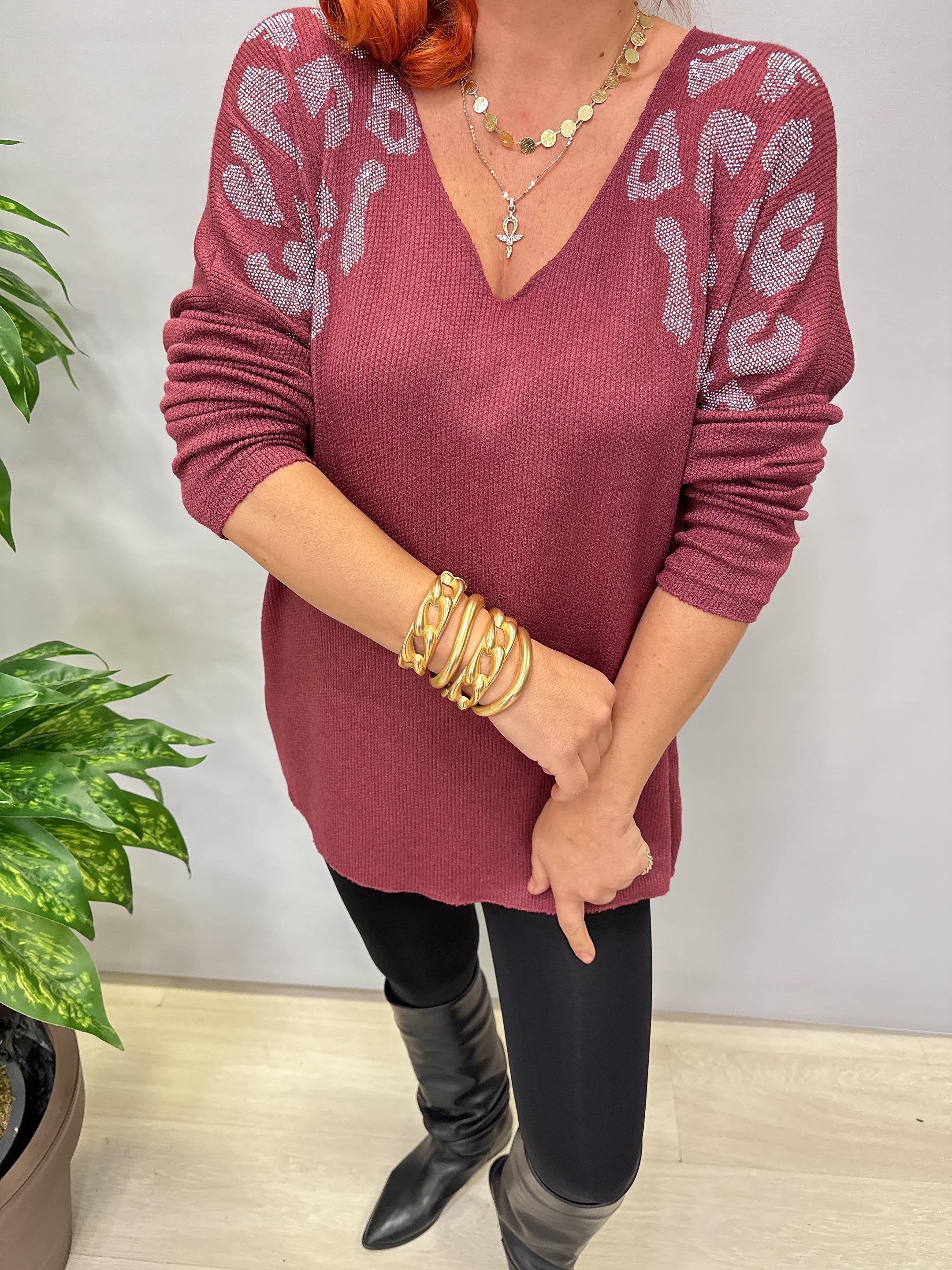 4646 Italyan Taşlı Leopar Detay Triko Bluz Bordo