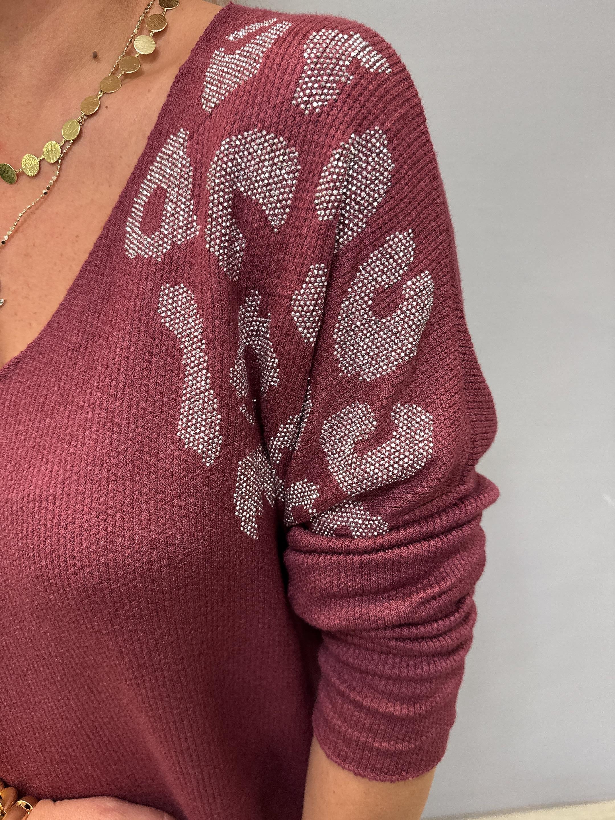 4646 Italyan Taşlı Leopar Detay Triko Bluz Bordo