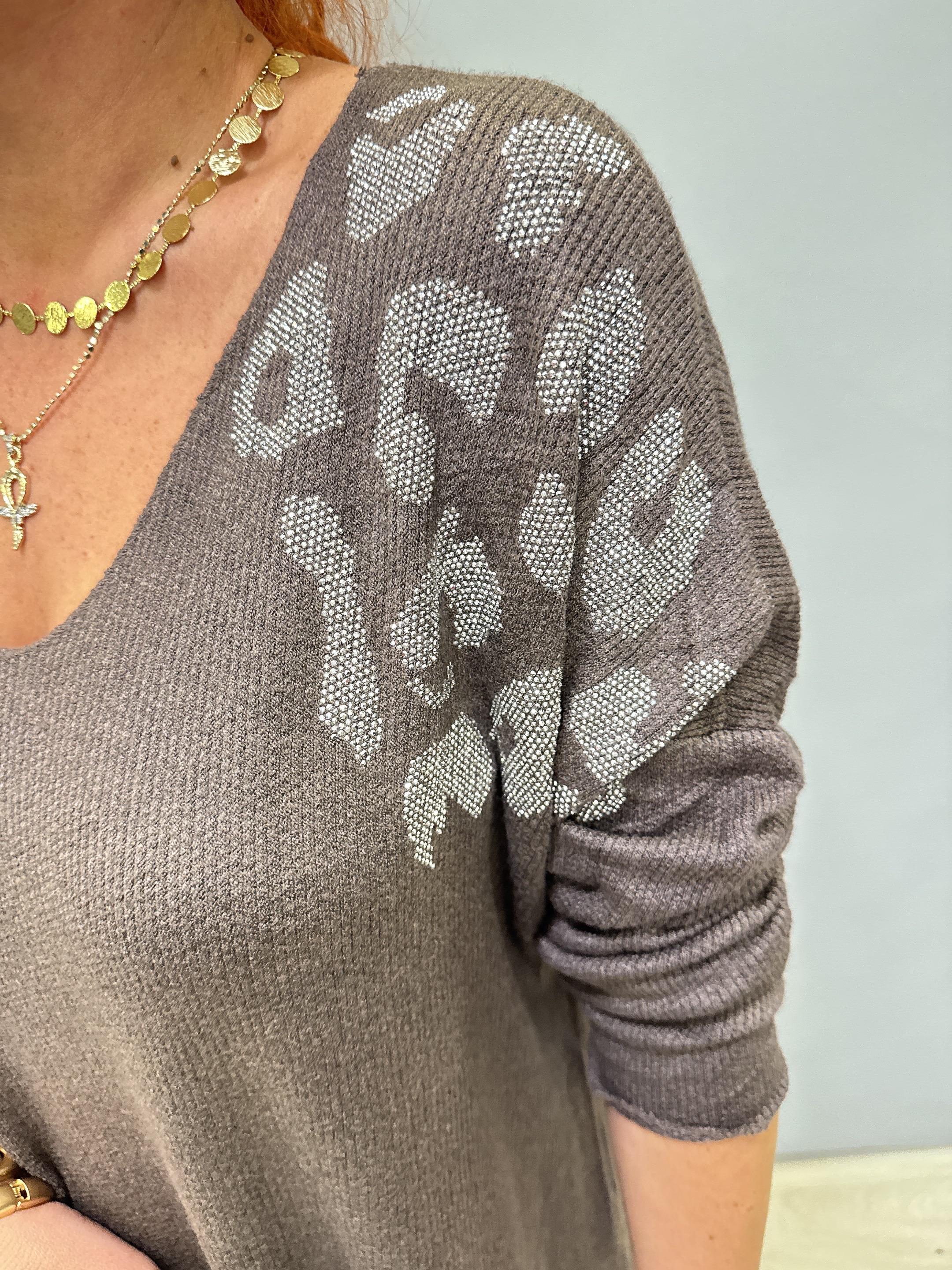 4646 Italyan Taşlı Leopar Detay Triko Bluz Kahve