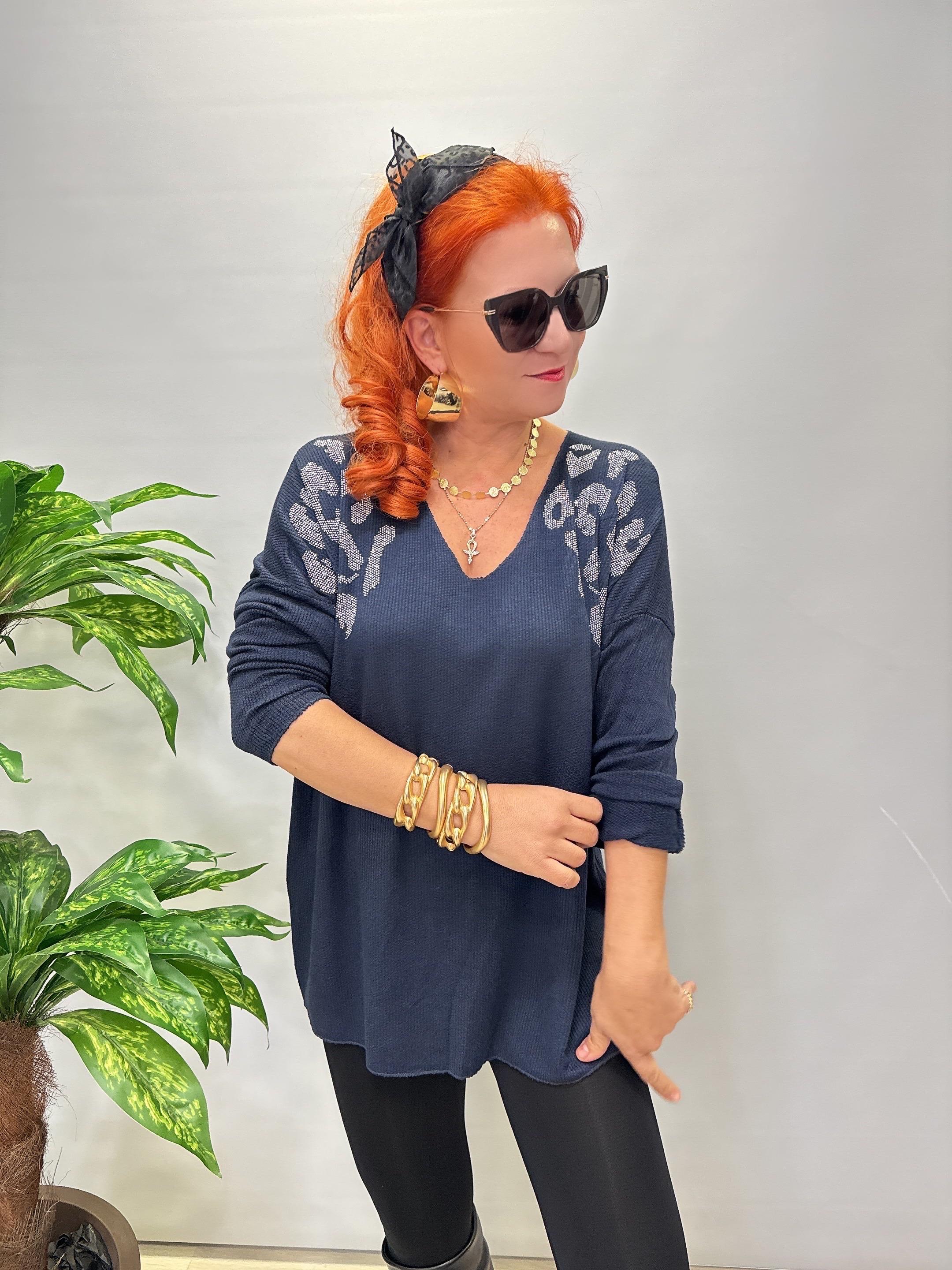 4646 Italyan Taşlı Leopar Detay Bluz Lacivert
