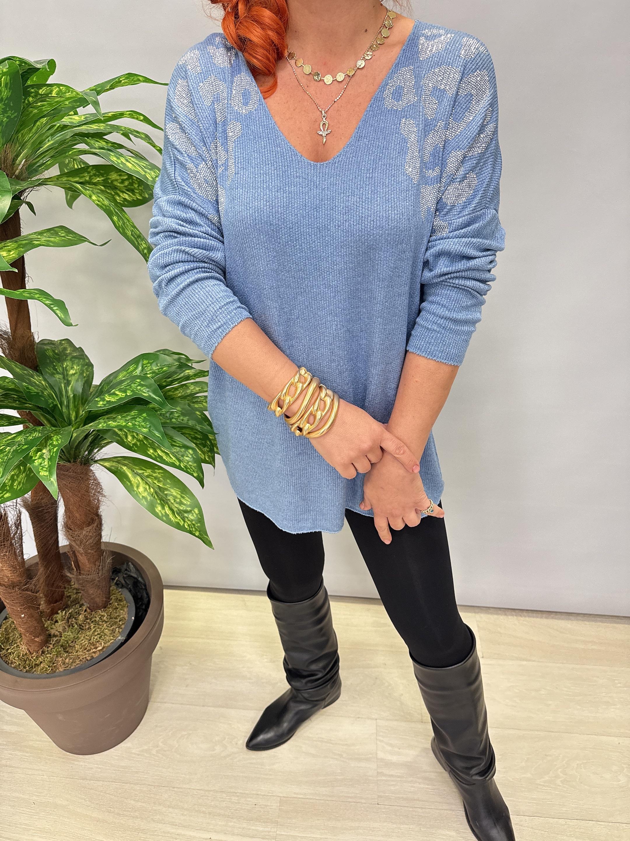 4646 Italyan Taşlı Leopar Detay Triko Bluz Mavi