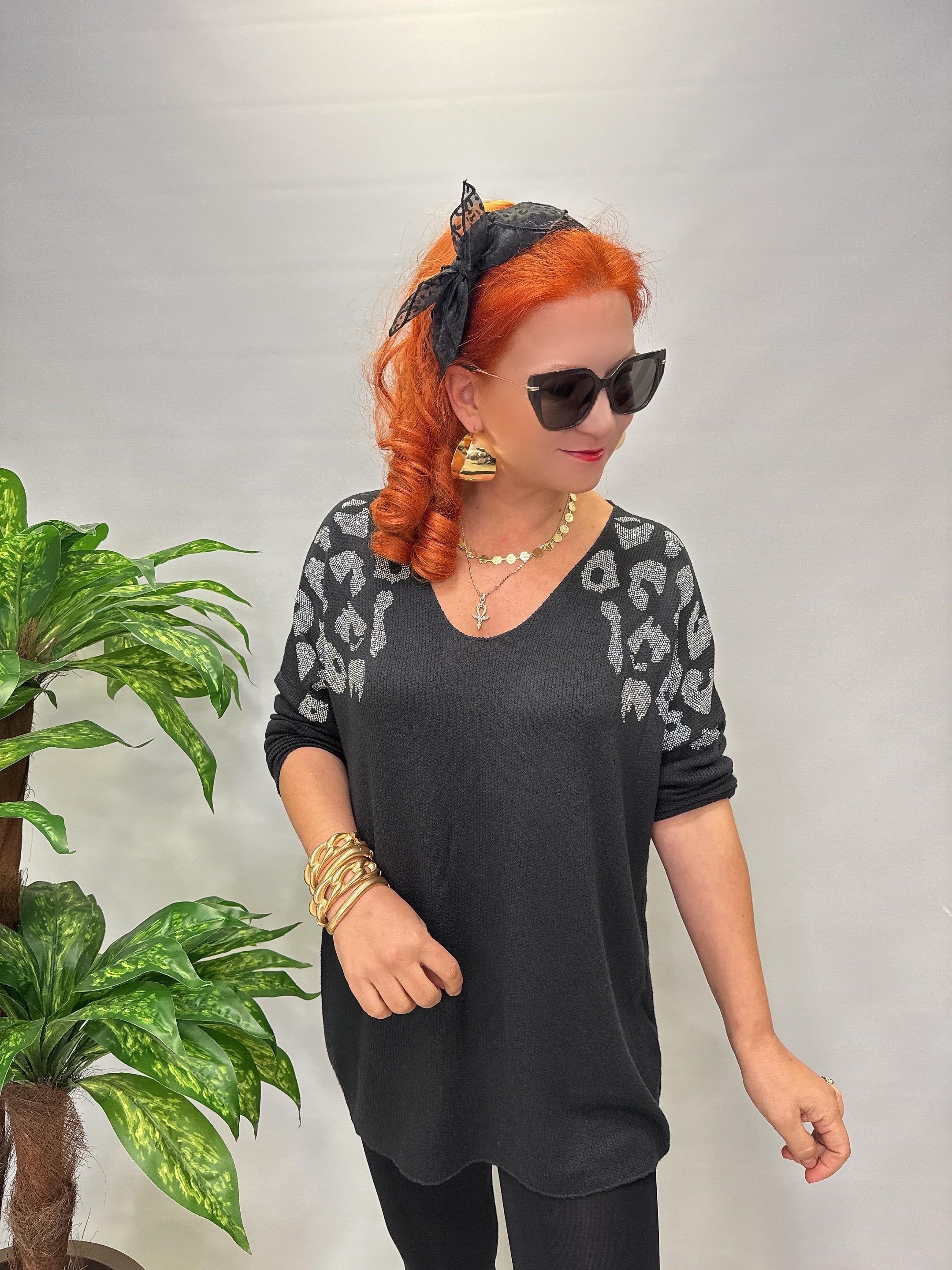 4646 Italyan Taşlı Leopar Detay Triko Bluz Siyah