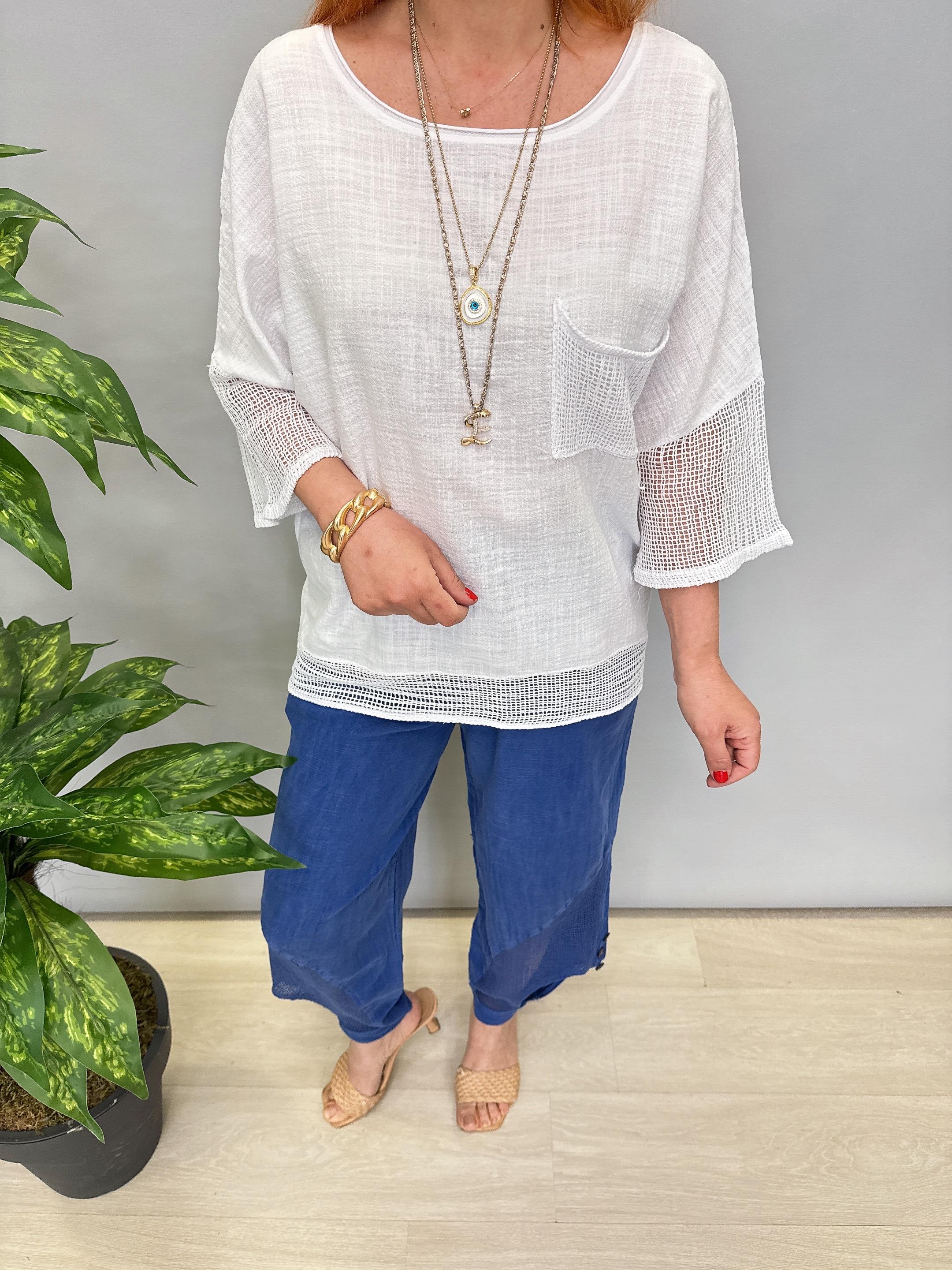 5040 Pamuklu Fİle Detaylı Bluz Beyaz