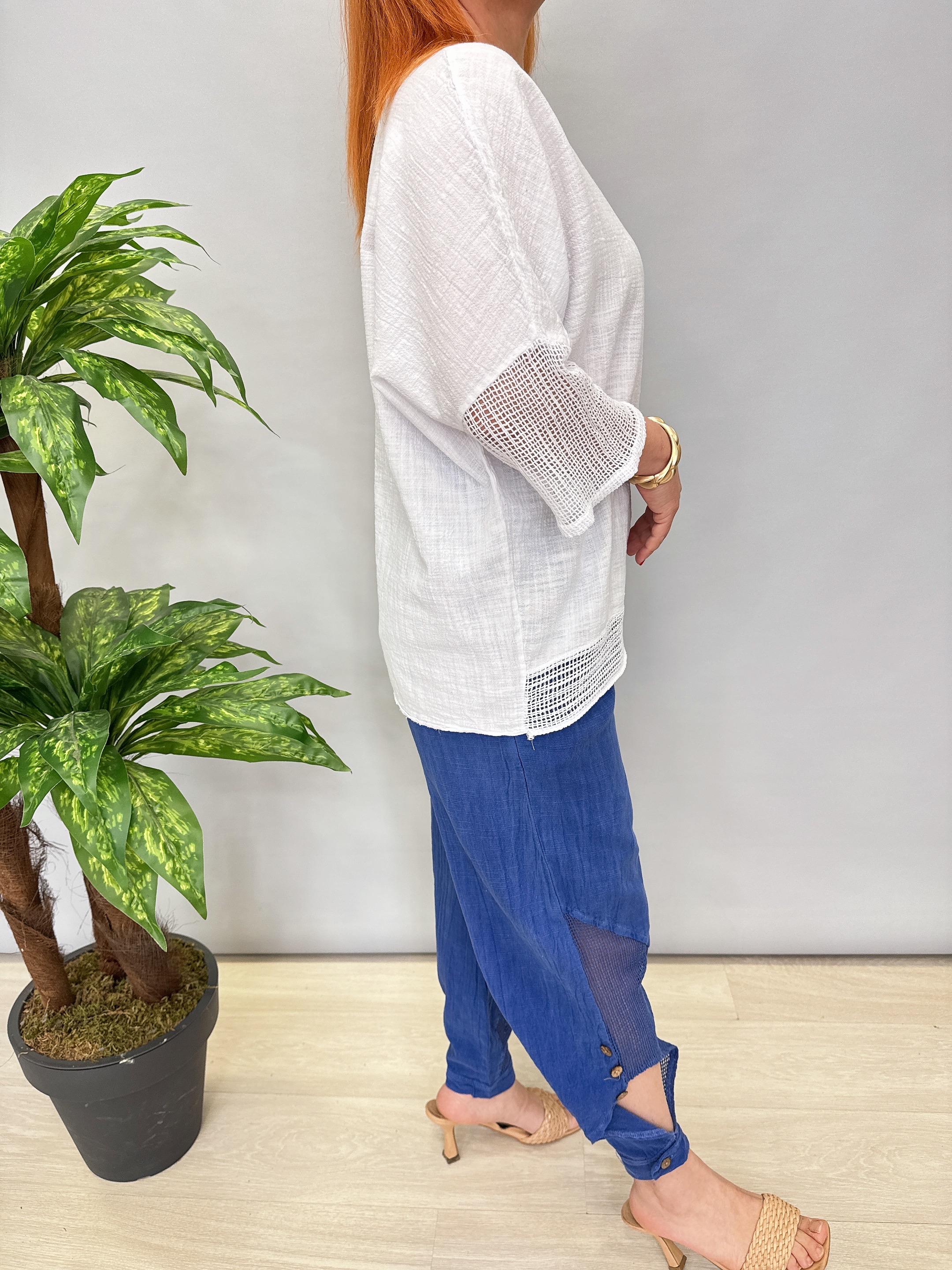 5040 Pamuklu Fİle Detaylı Bluz Beyaz