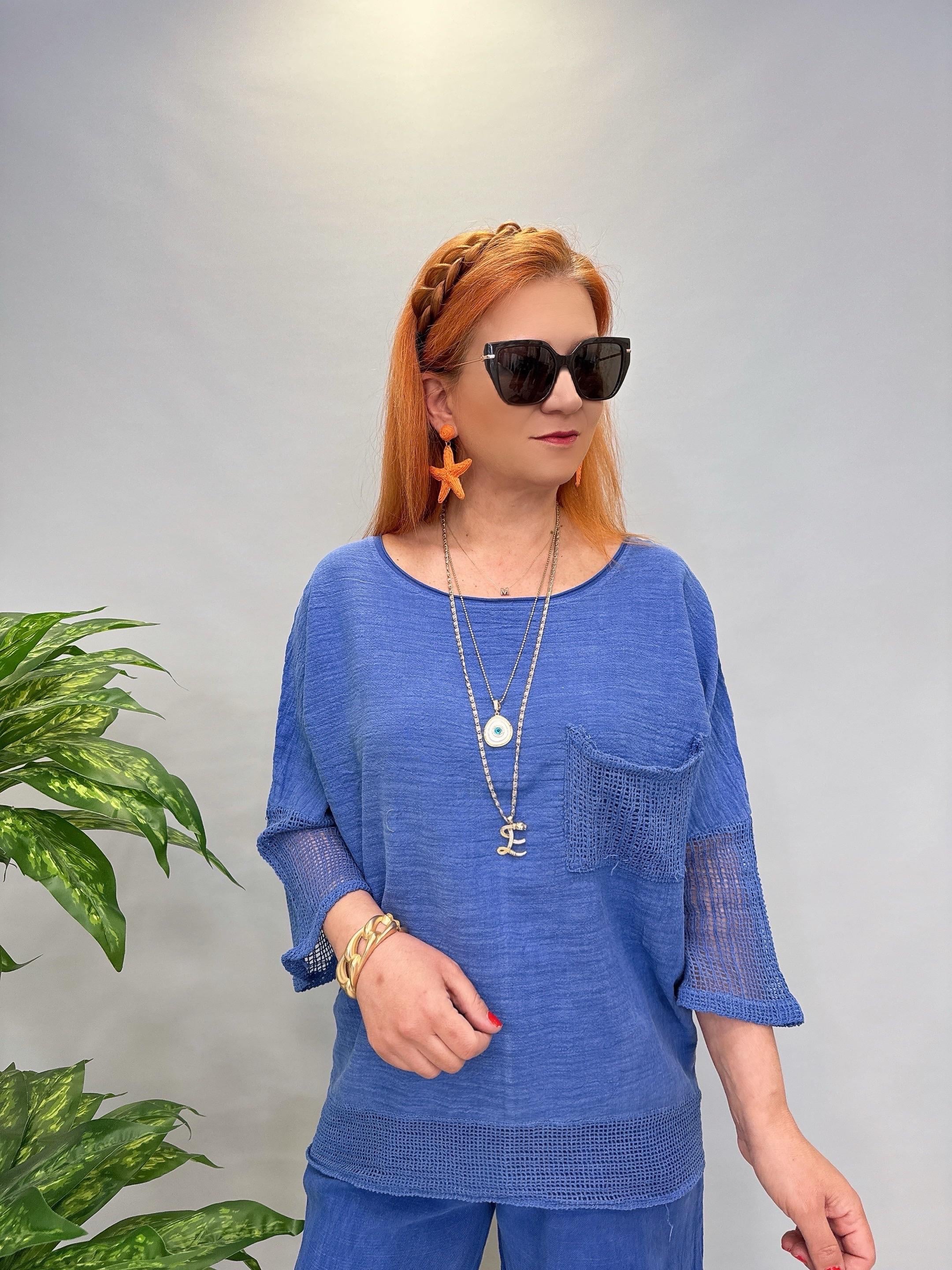 5040 Pamuklu Fİle Detaylı Bluz Saks Mavi