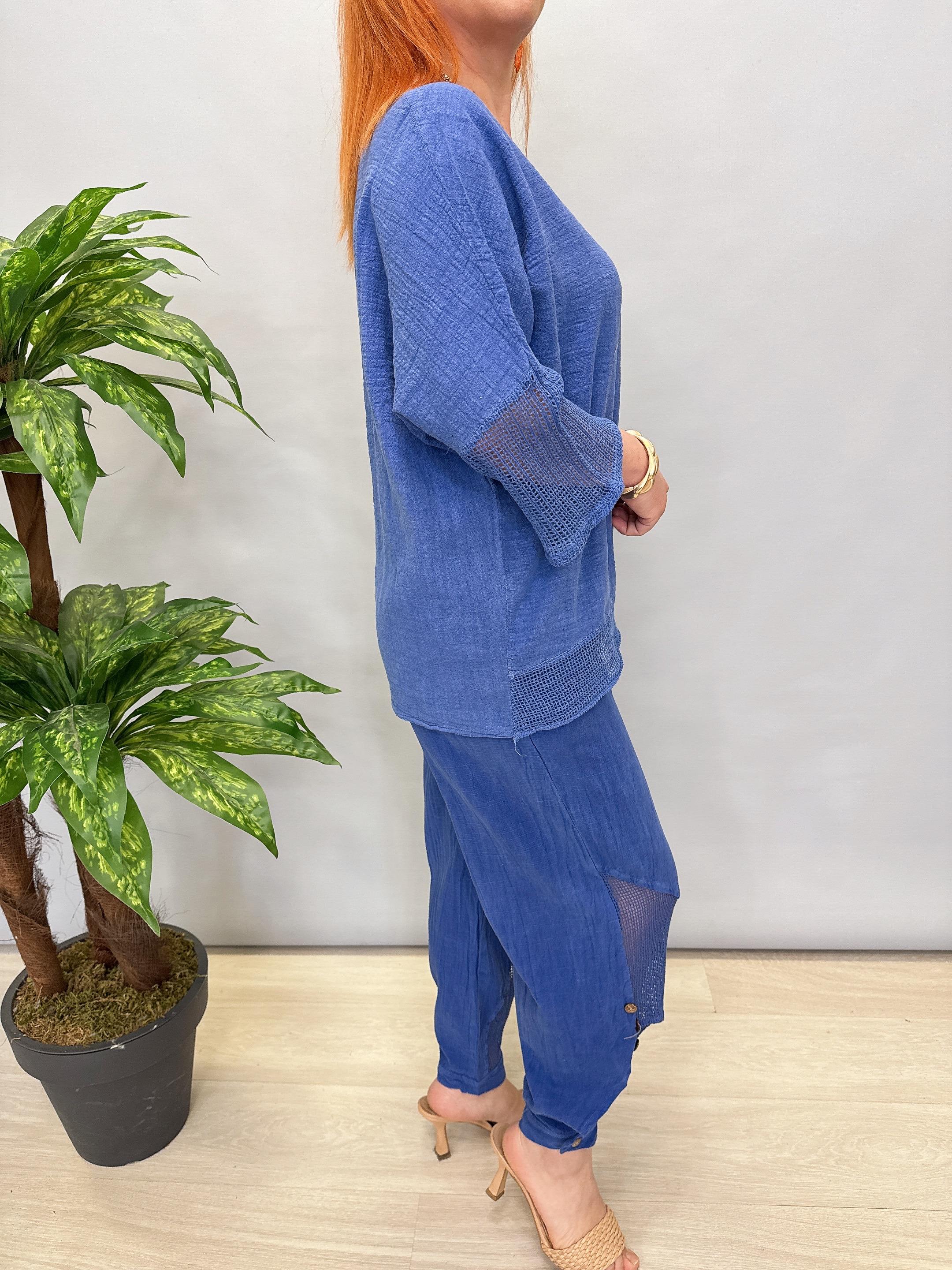 5040 Pamuklu Fİle Detaylı Bluz Saks Mavi