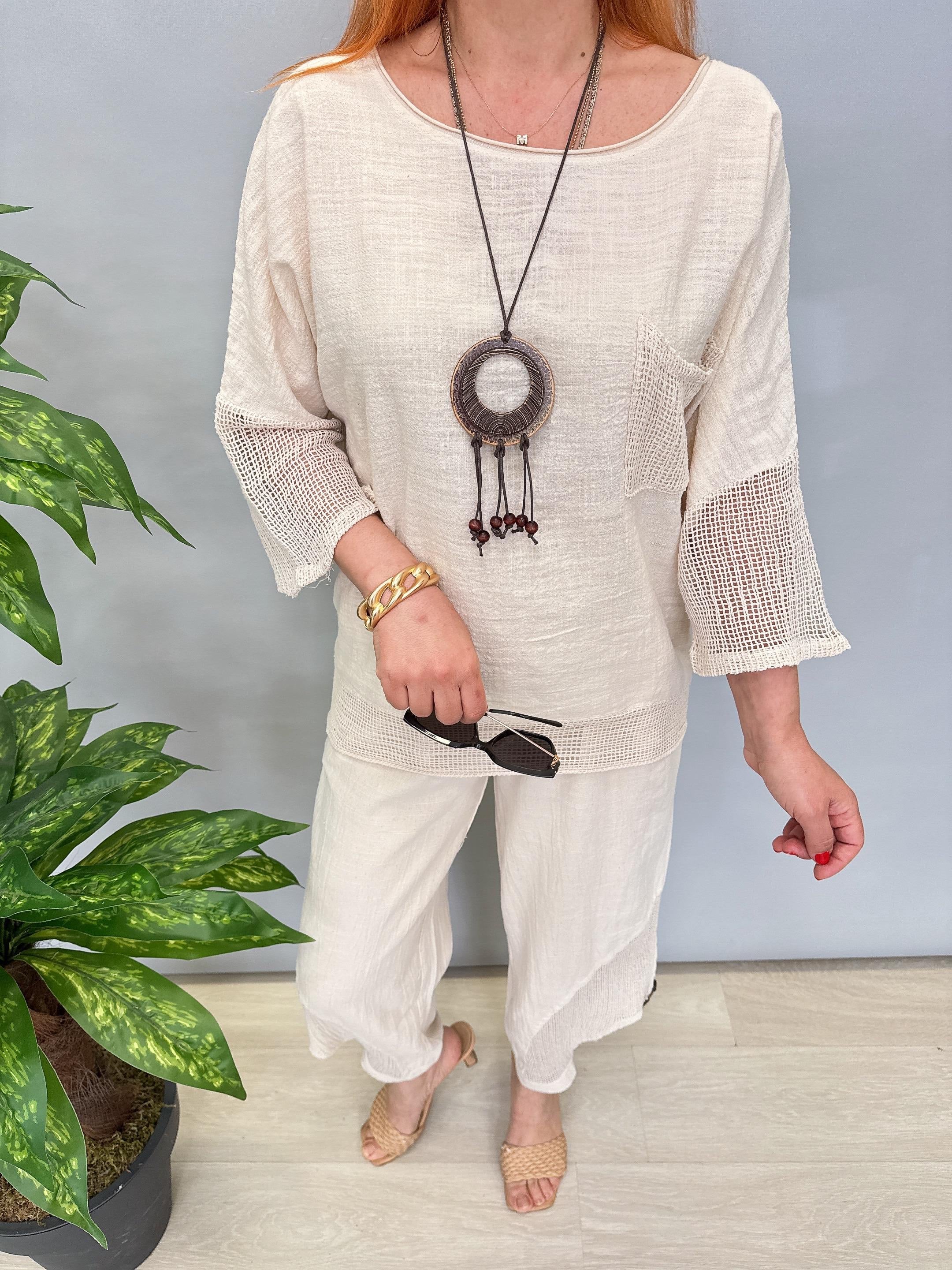 5040 Pamuklu Fİle Detaylı Bluz Taş