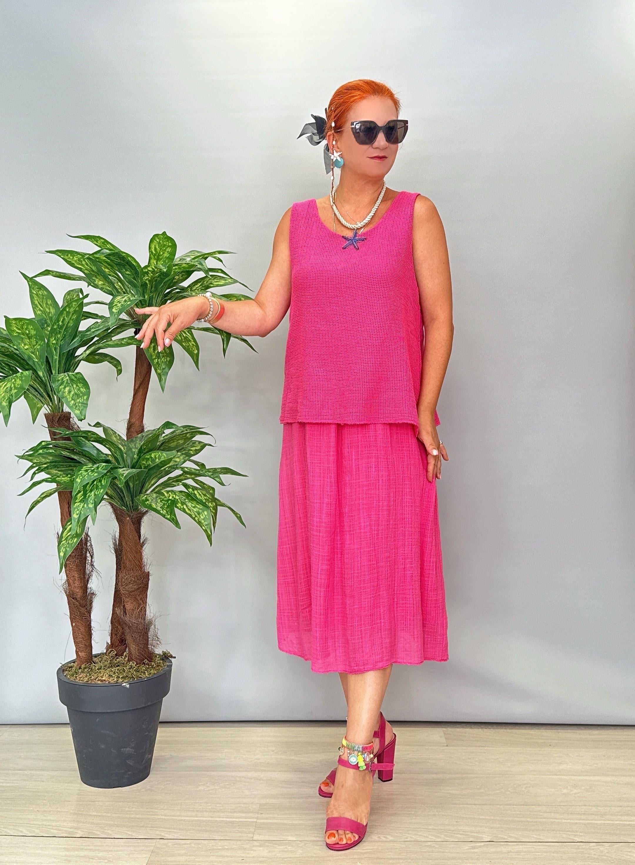 5051 Italyan Pamuklu Elbise Fuşya