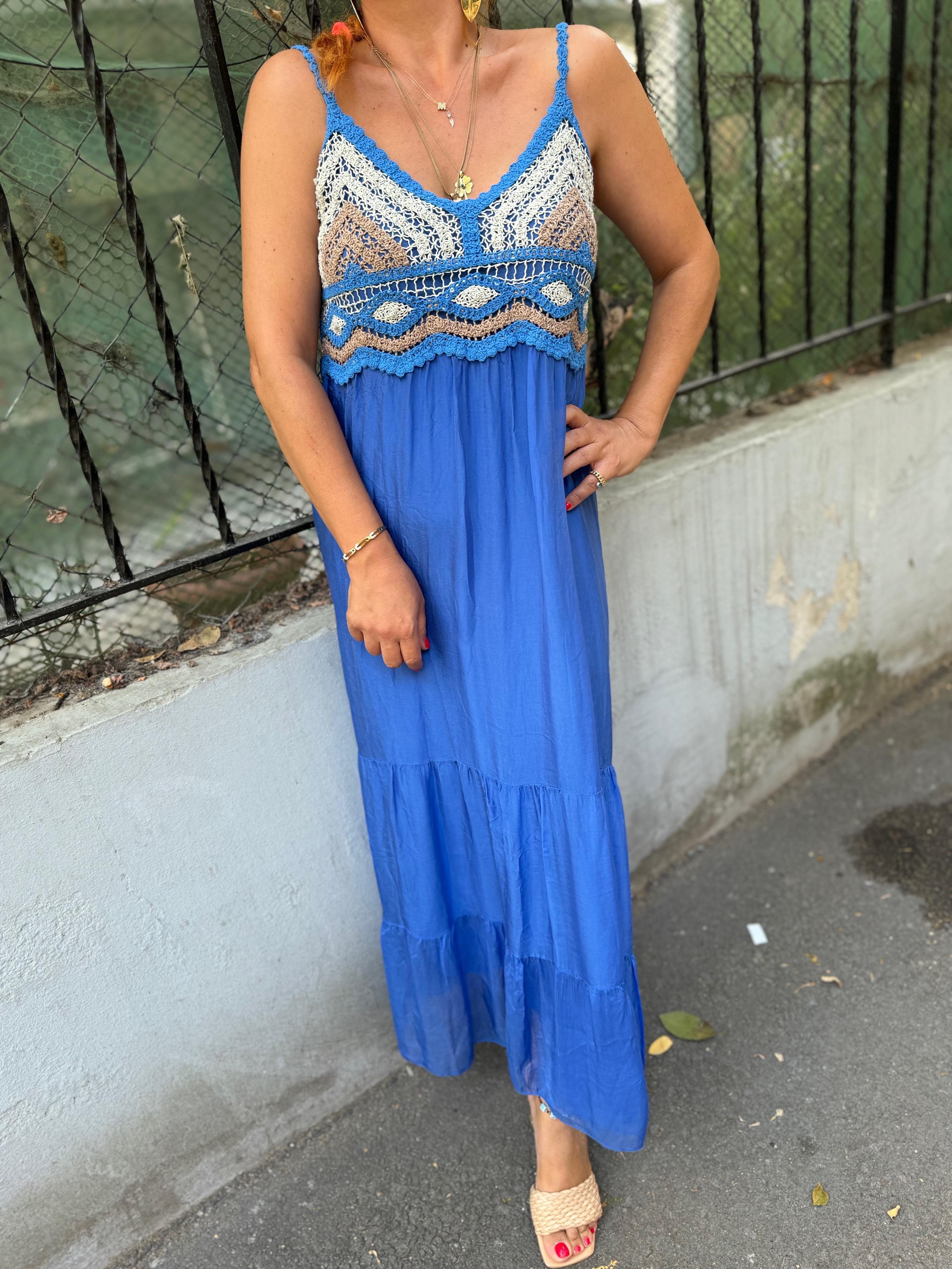 5055 PREMIUM İTALYAN İPEK TASARIM ELBİSE  MAVİ  36/42 BEDEN ARASI UYUMLUDUR