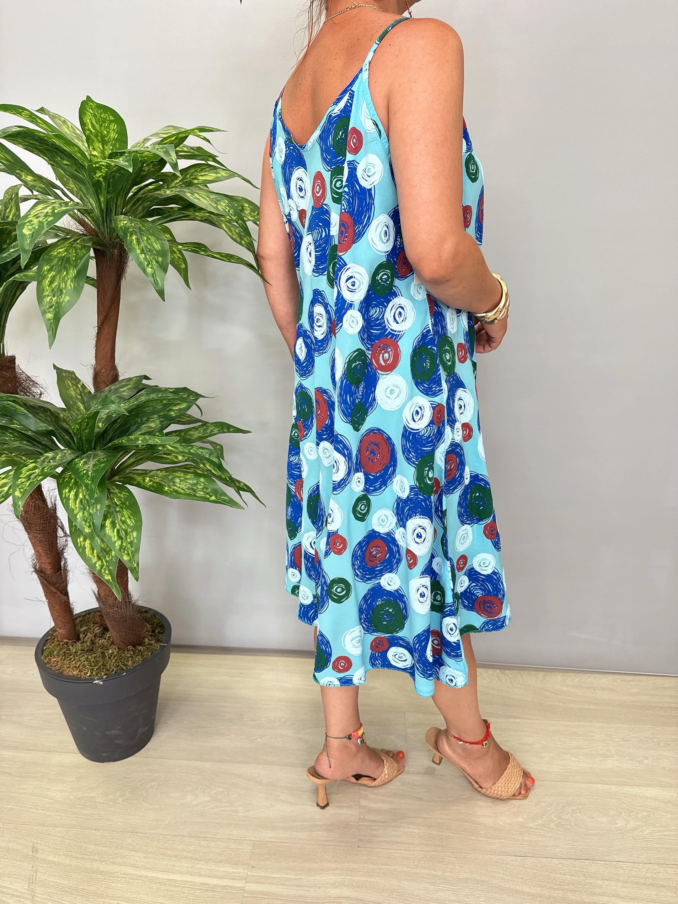 5076 Italyan Desenli Elbise Turkuaz