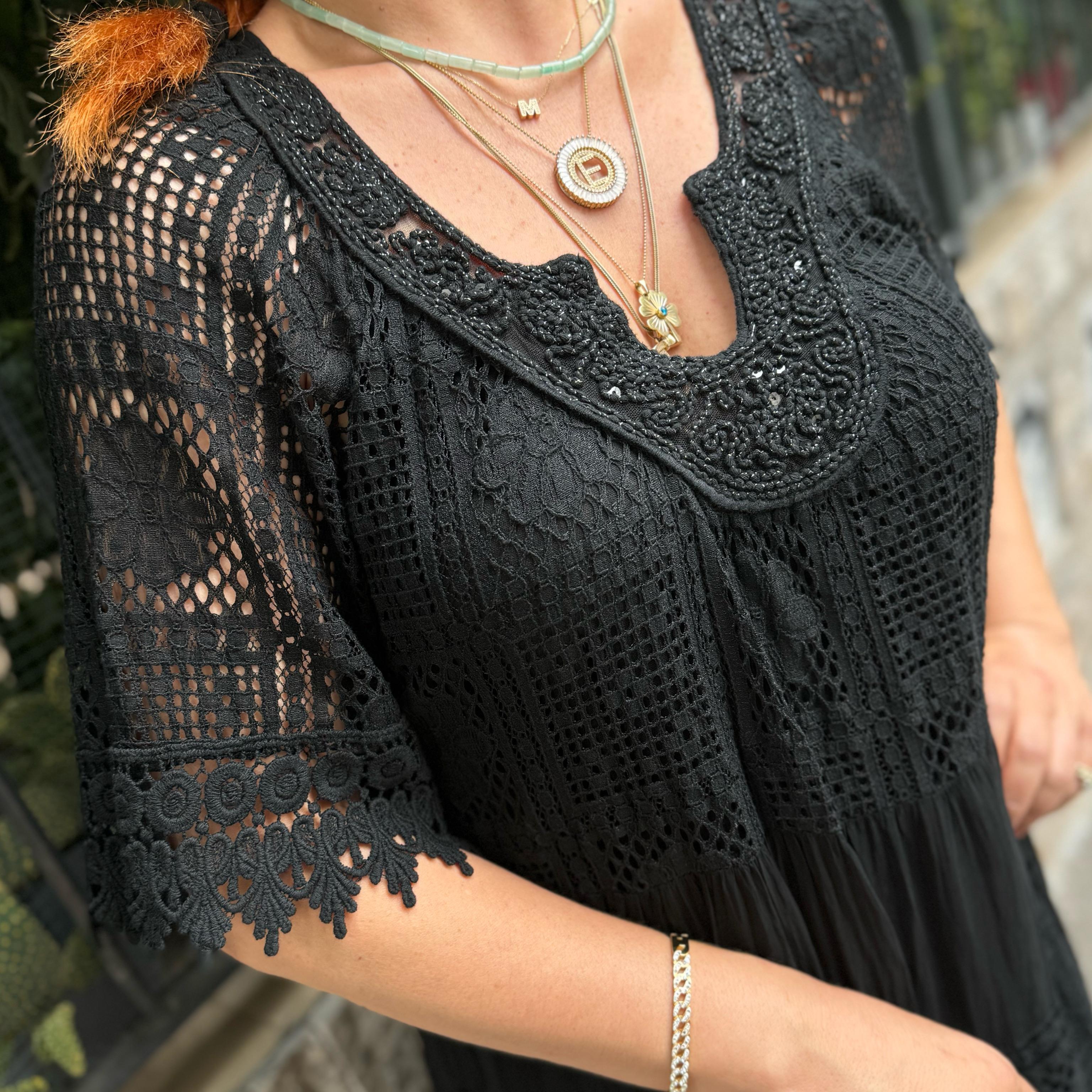 51128 PREMIUM İTHAL GÜPÜR DETAY ELBİSE SİYAH 44 BEDENE KADAR UYUMLUDUR  boyum 1.64