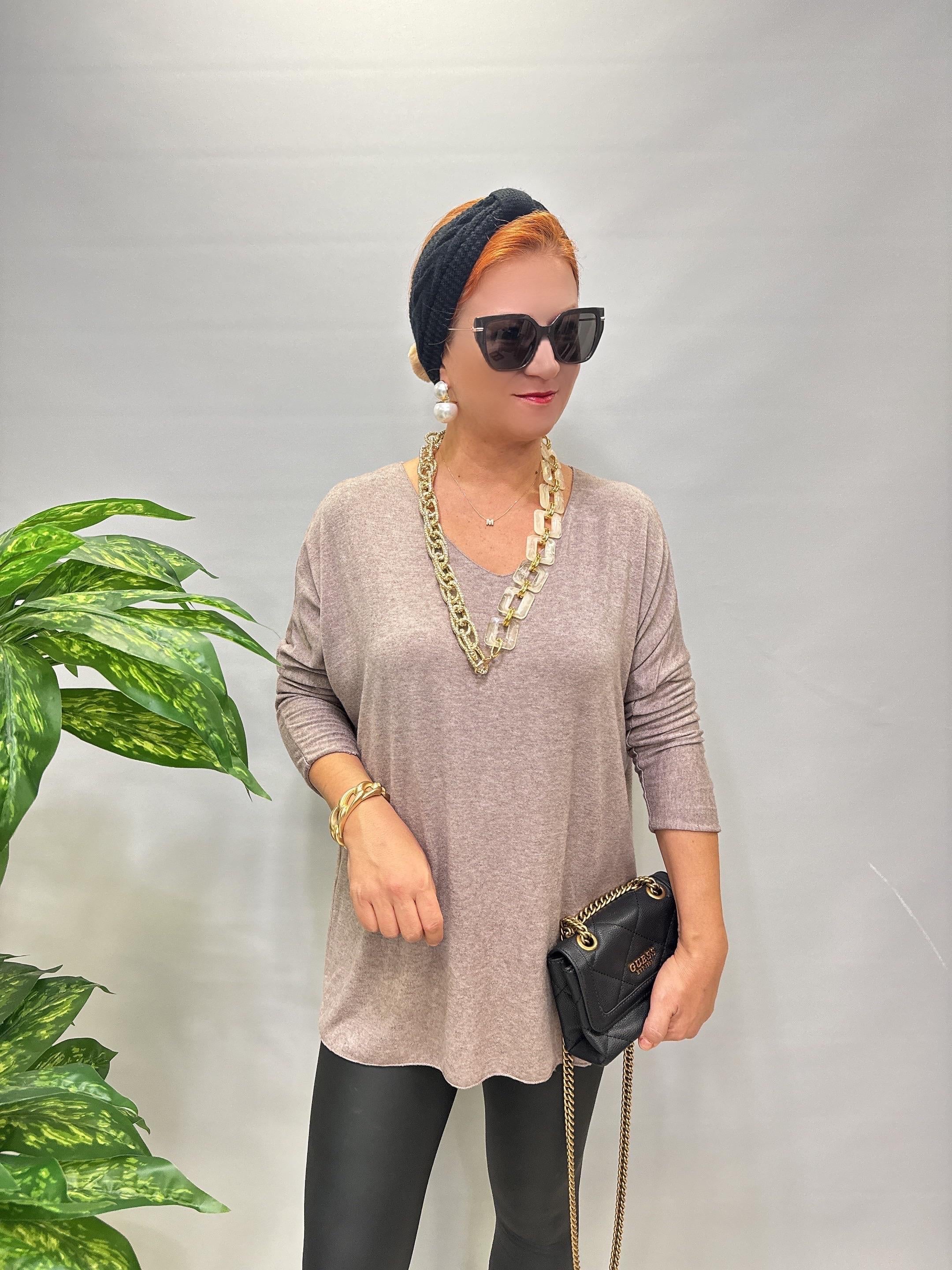 5214 Italyan Düz V Yaka Triko Bluz Vizon