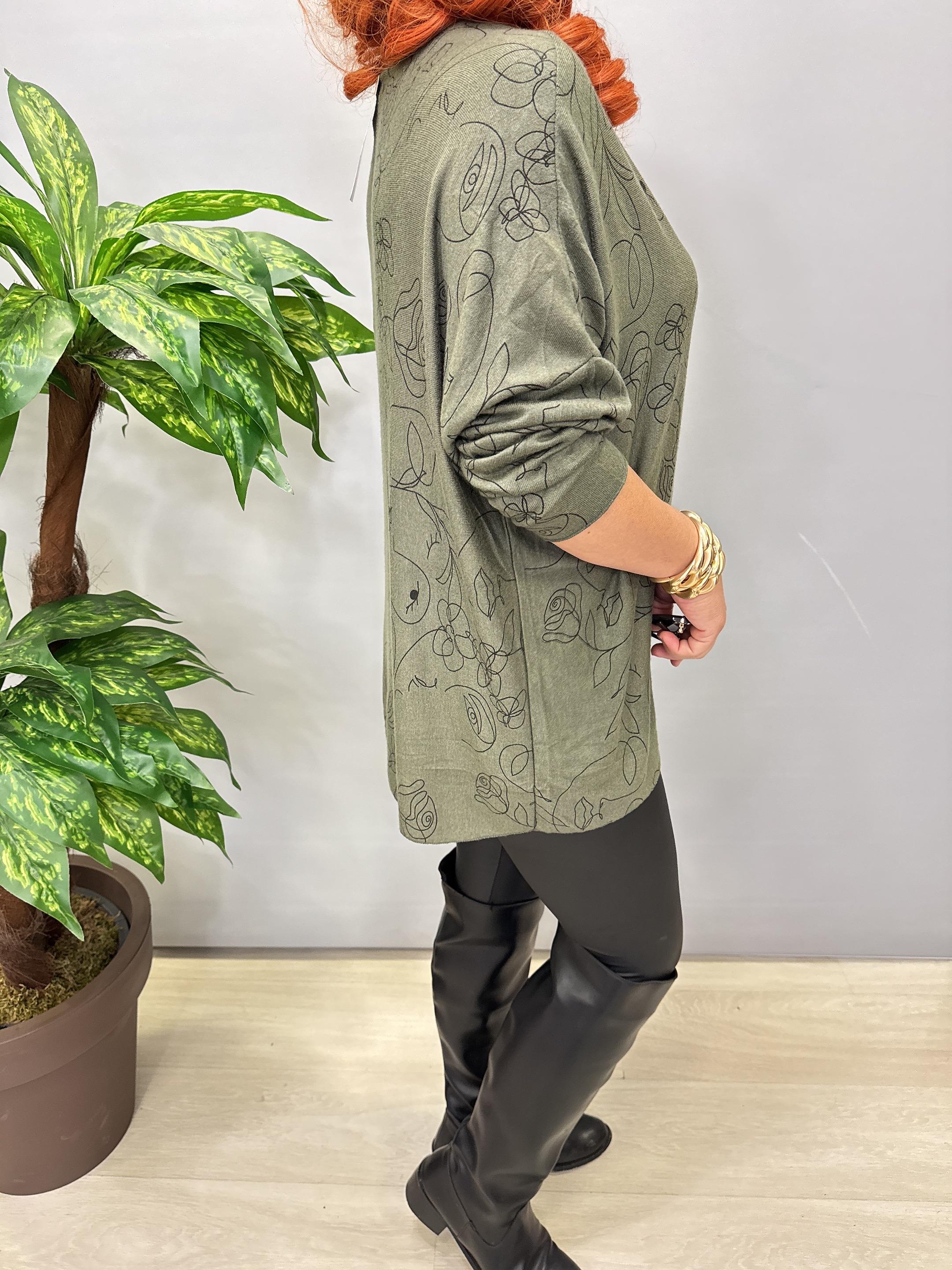 5455 Italyan Desenli Triko Bluz Haki