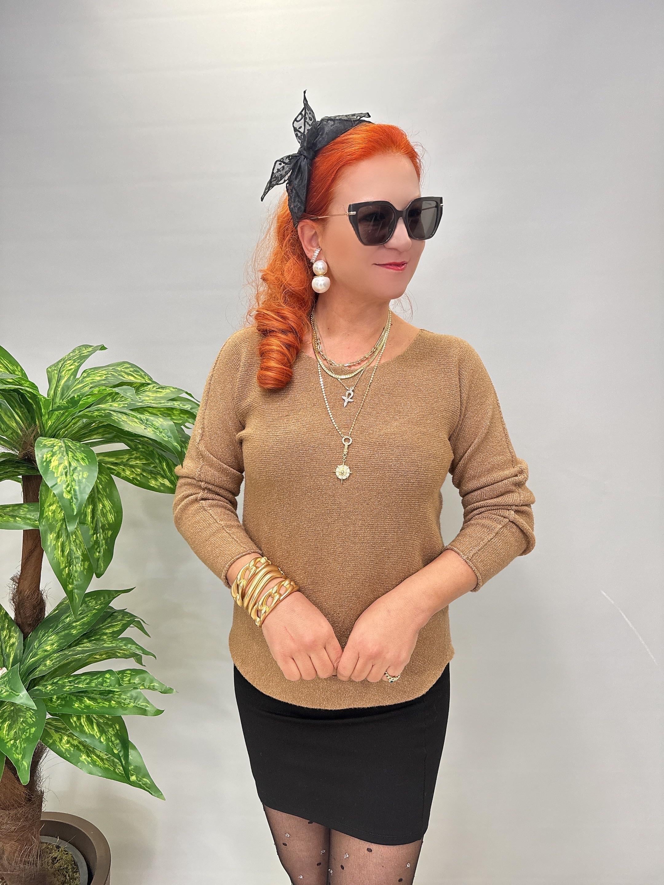 5645 Sİm Detaylı Triko bluz Gold