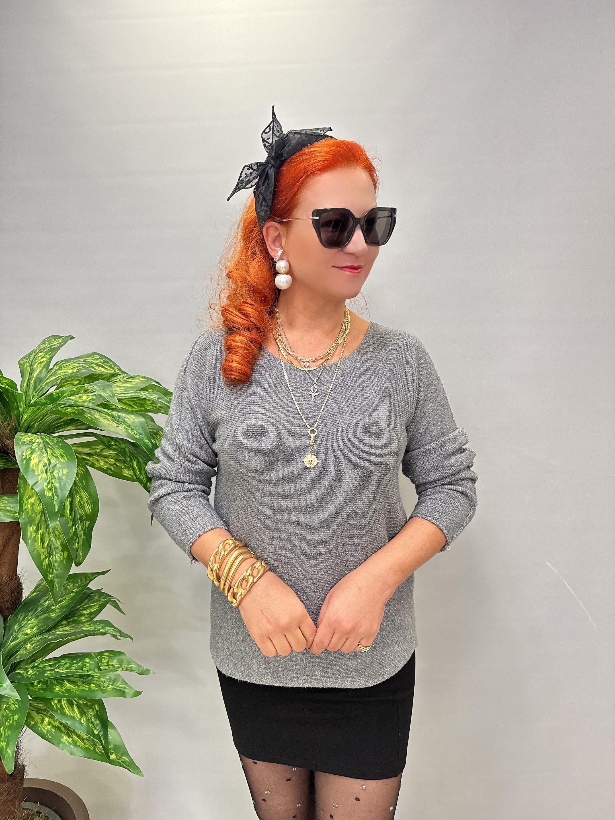 5645 Sİm Detaylı Triko bluz Gri