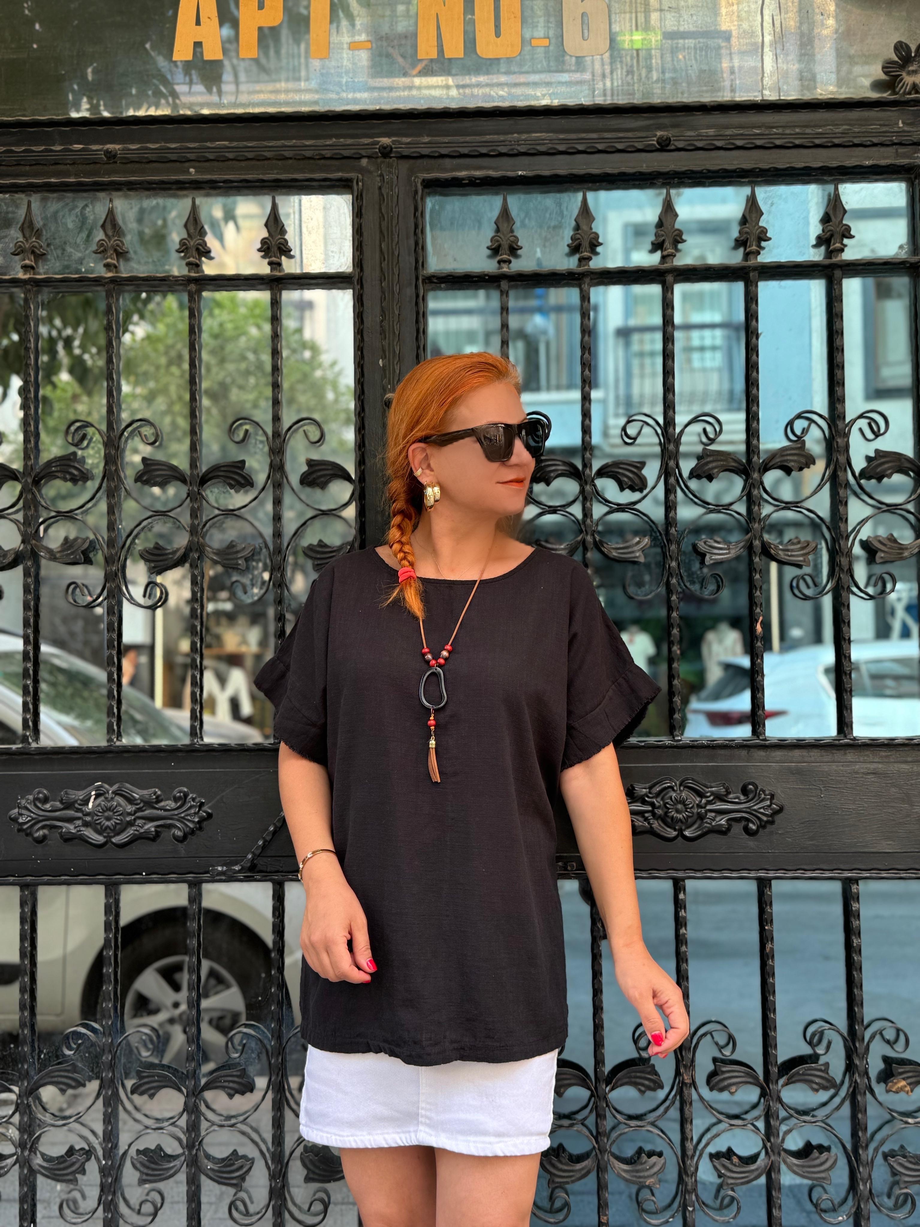 5700 KOLYE HEDİYELİ PAMUKLU BLUZ  SİYAH  46 BEDENE KADAR UYUMLUDUR