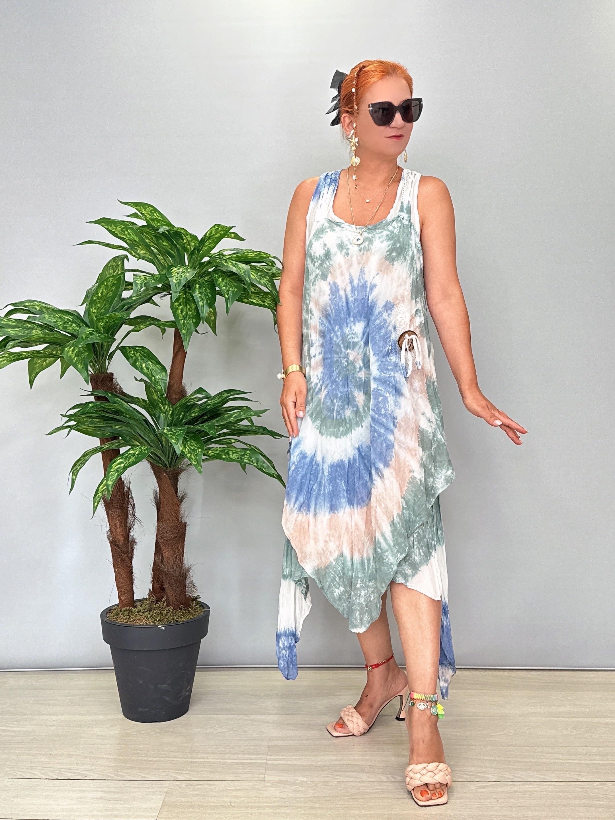 6010 PREMIUM İTALYAN PAMUK BATİK DESEN ELBİSE PEMBE-TURKUAZ  44 BEDENE KADAR UYUMLUDUR