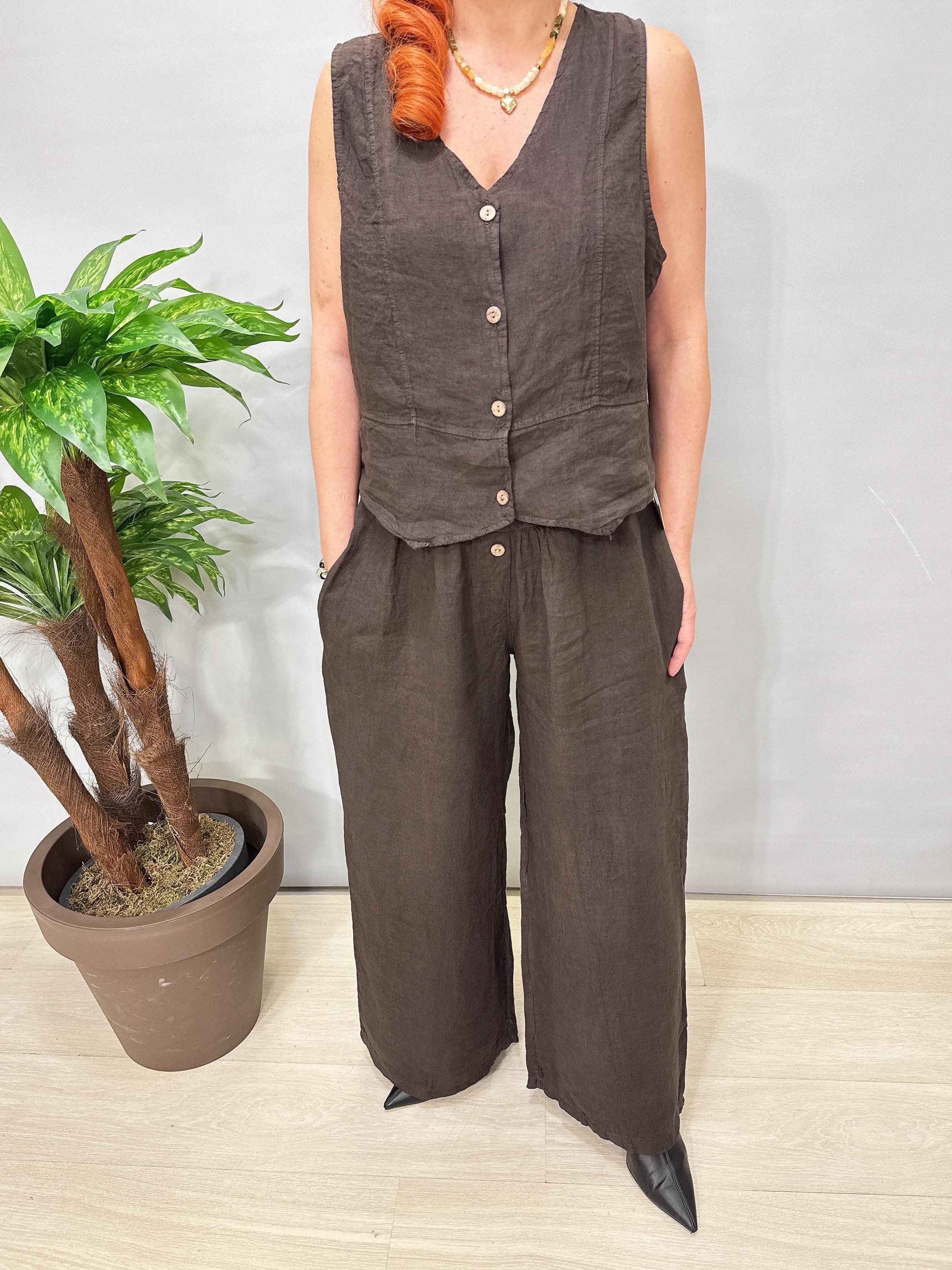 6014 Italyan Yelekli Keten Takım Acı kahve