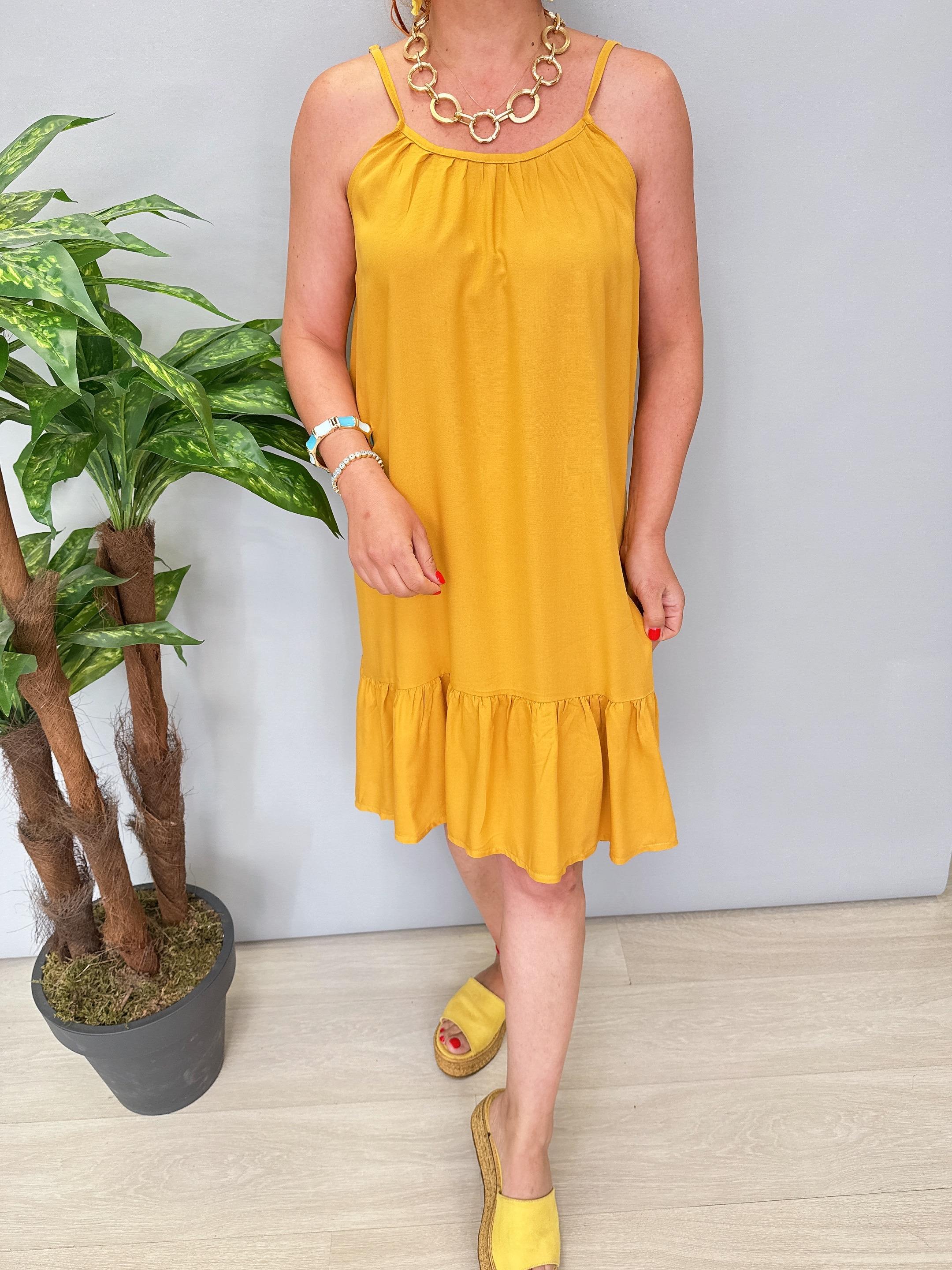 6023 Pamuklu Viskon Elbise Hardal Sarısı