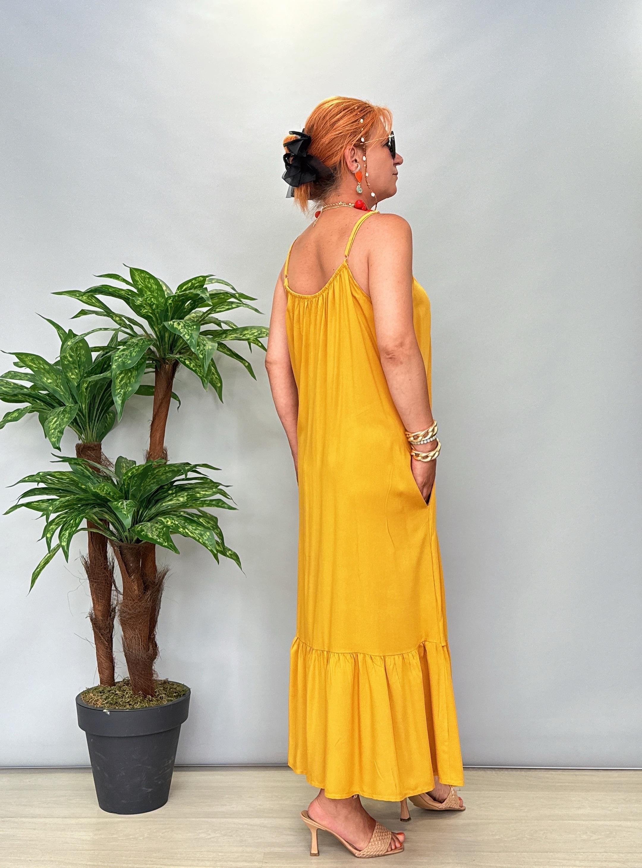 6024 Pamuklu Viskon Elbise Hardal Sarısı 