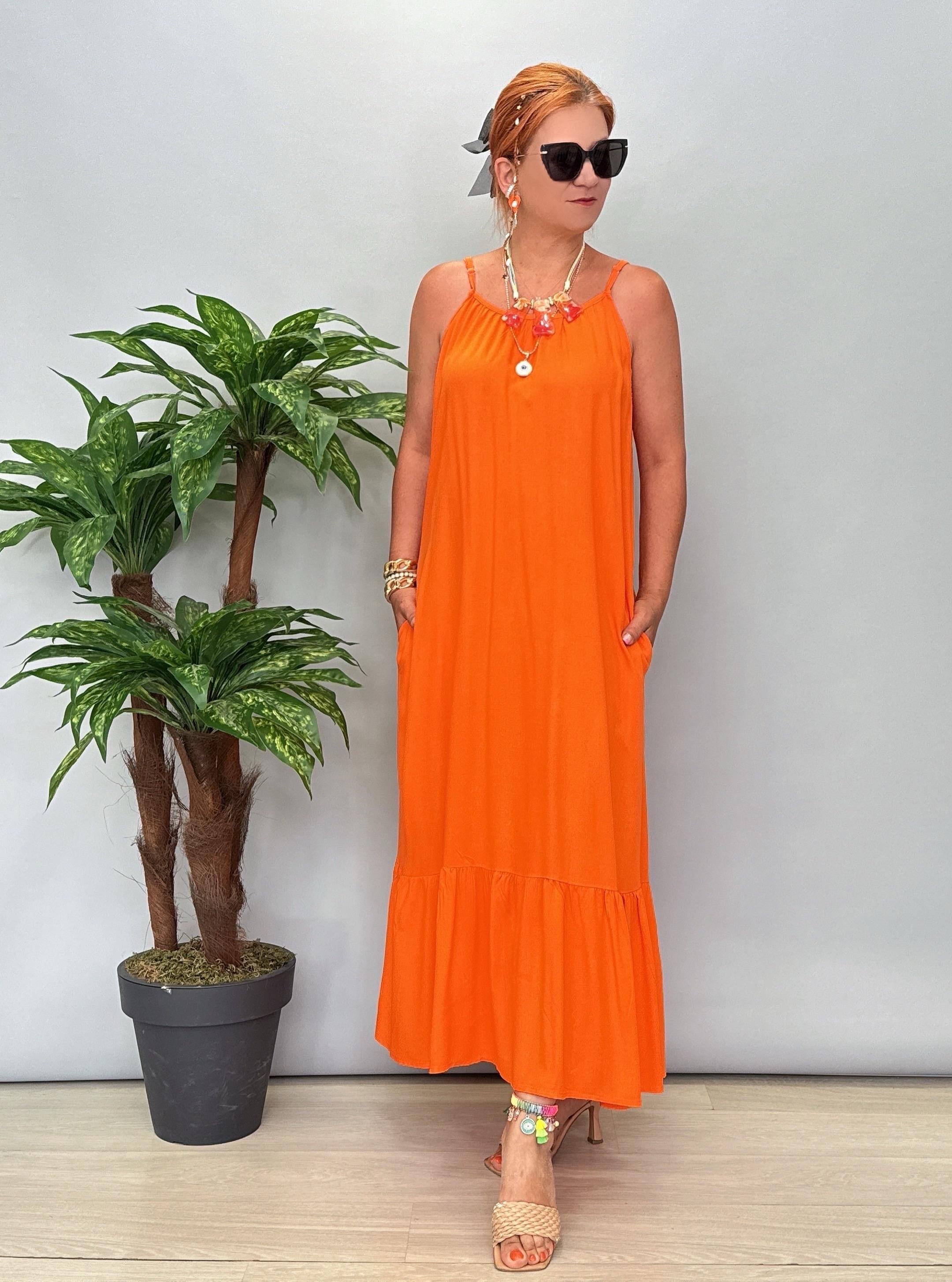 6024 Pamuklu Viskon Elbise Turuncu 