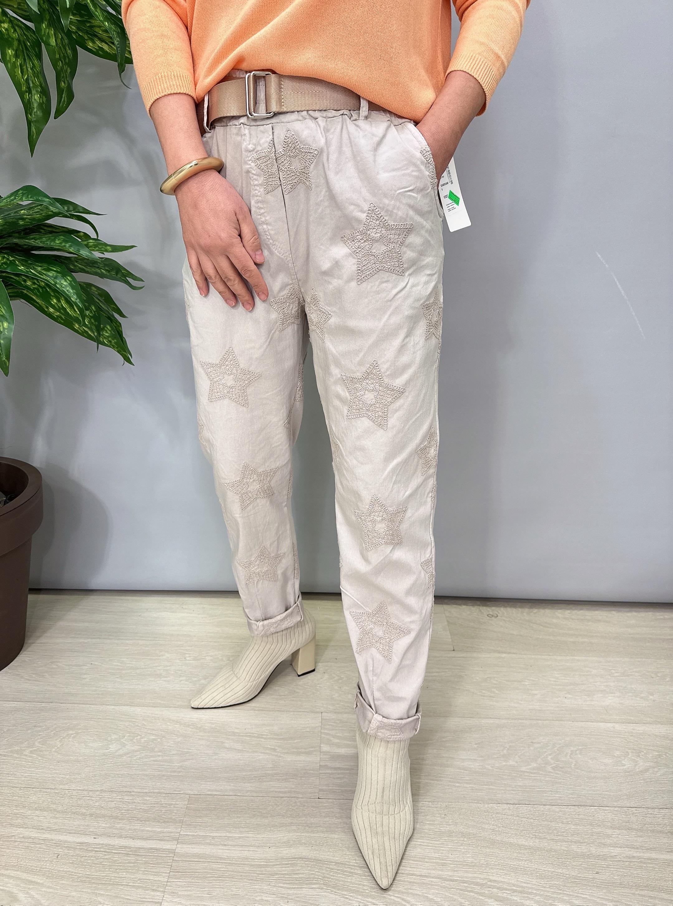 6025 Italyan Yıldız Nakış İşlemeli Pantolon Taş