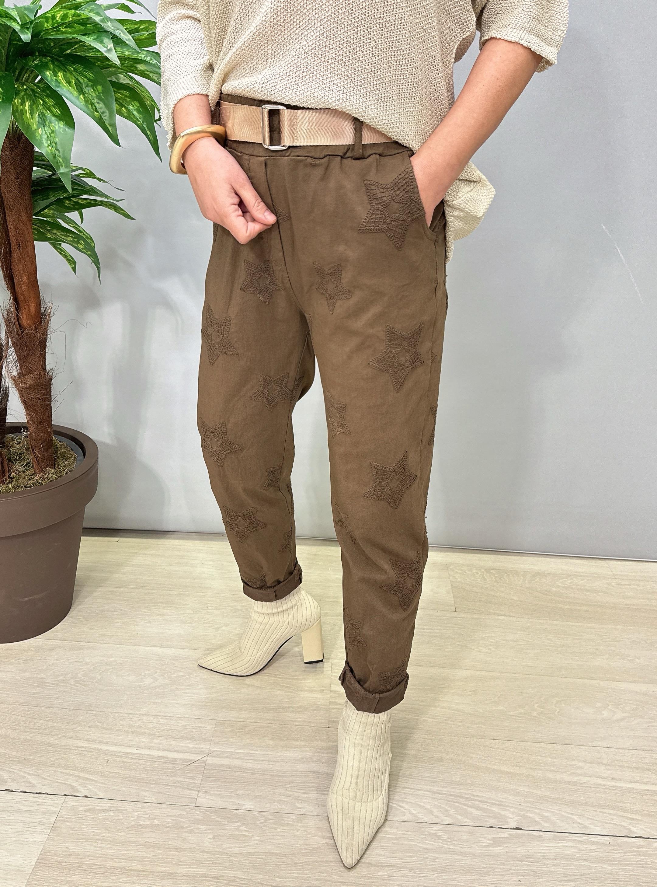 6025 Italyan Yıldız Nakış İşlemeli Pantolon Kahve