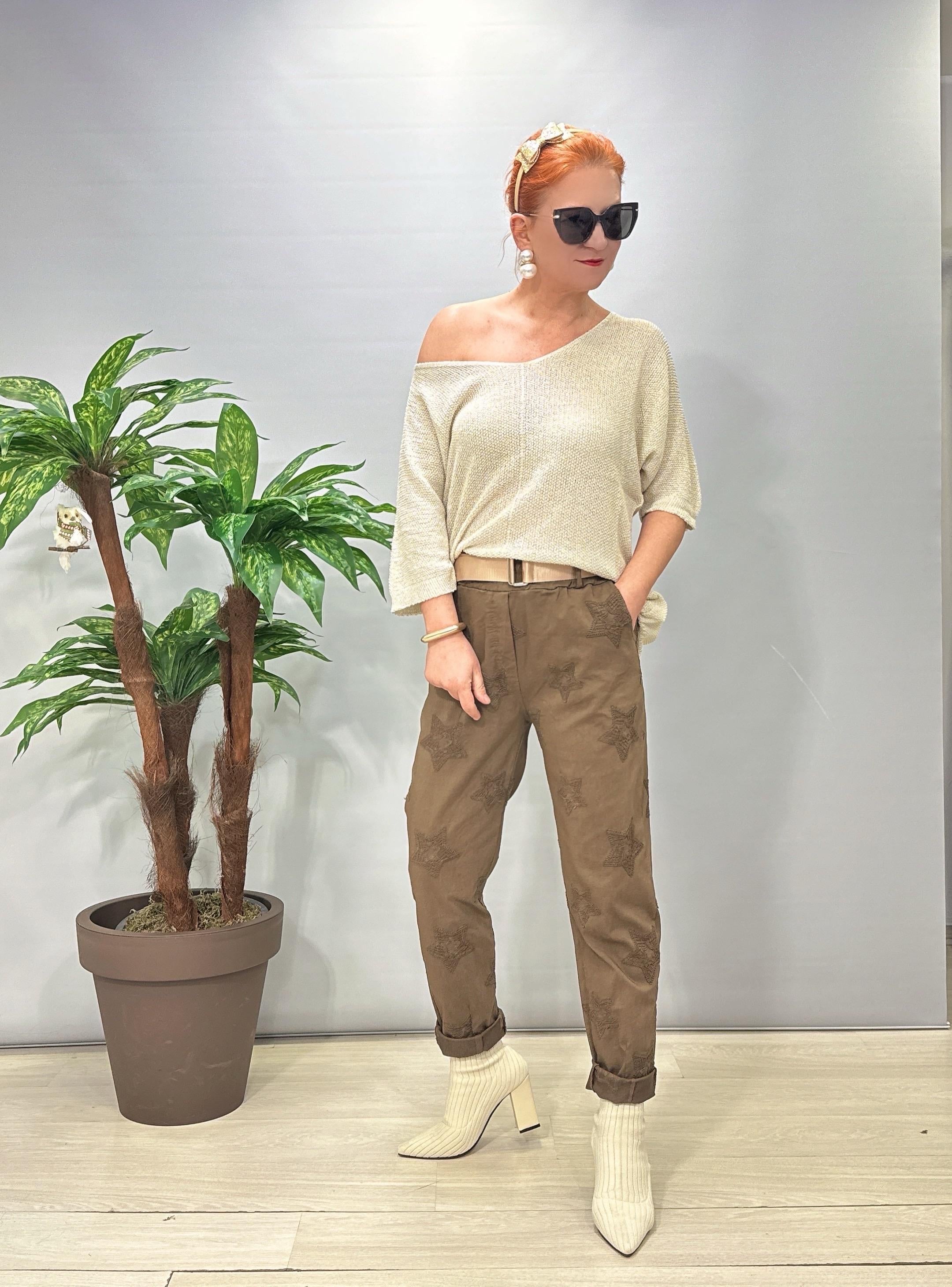 6025 Italyan Yıldız Nakış İşlemeli Pantolon Kahve