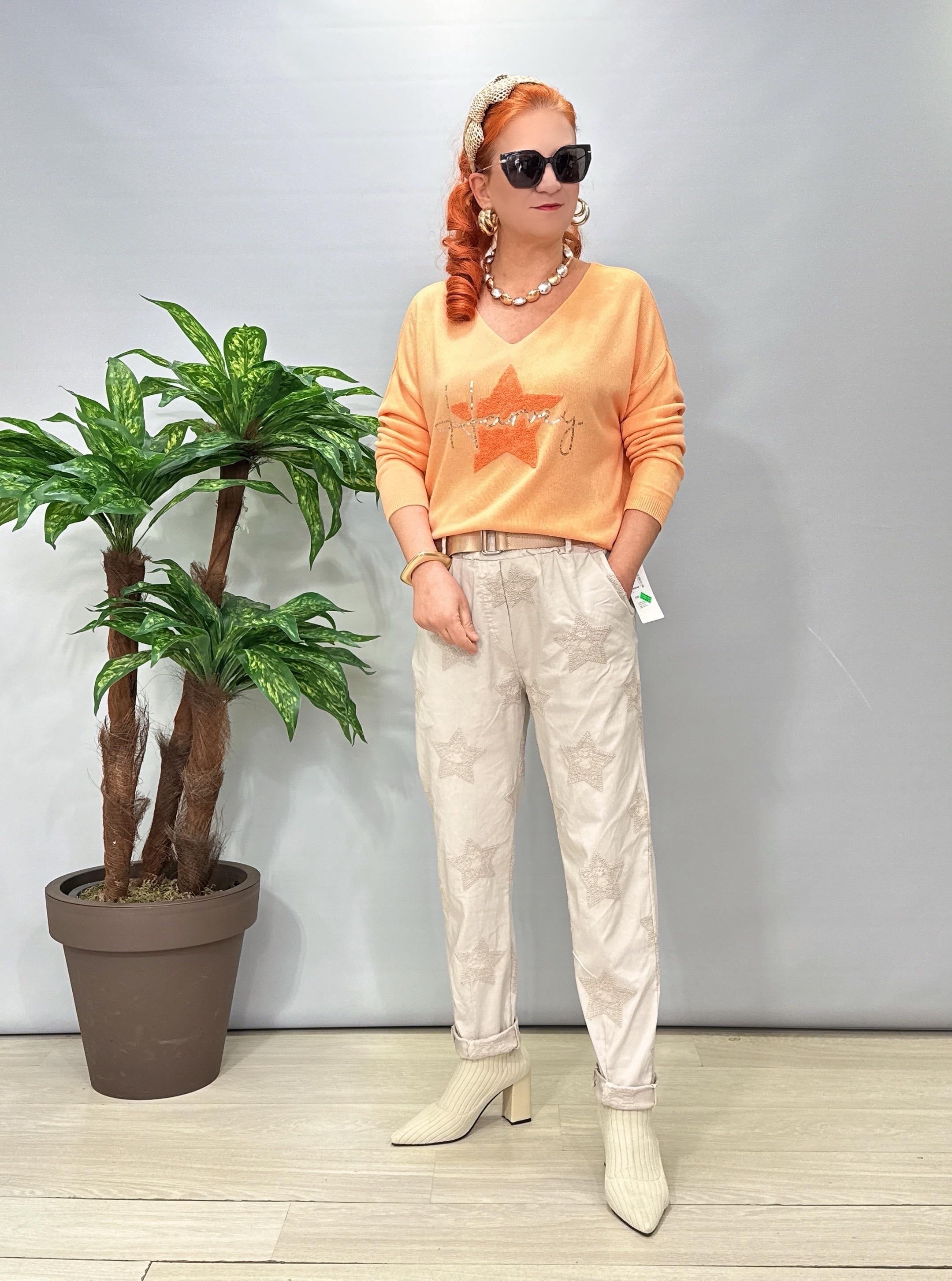 6025 Italyan Yıldız Nakış İşlemeli Pantolon Taş