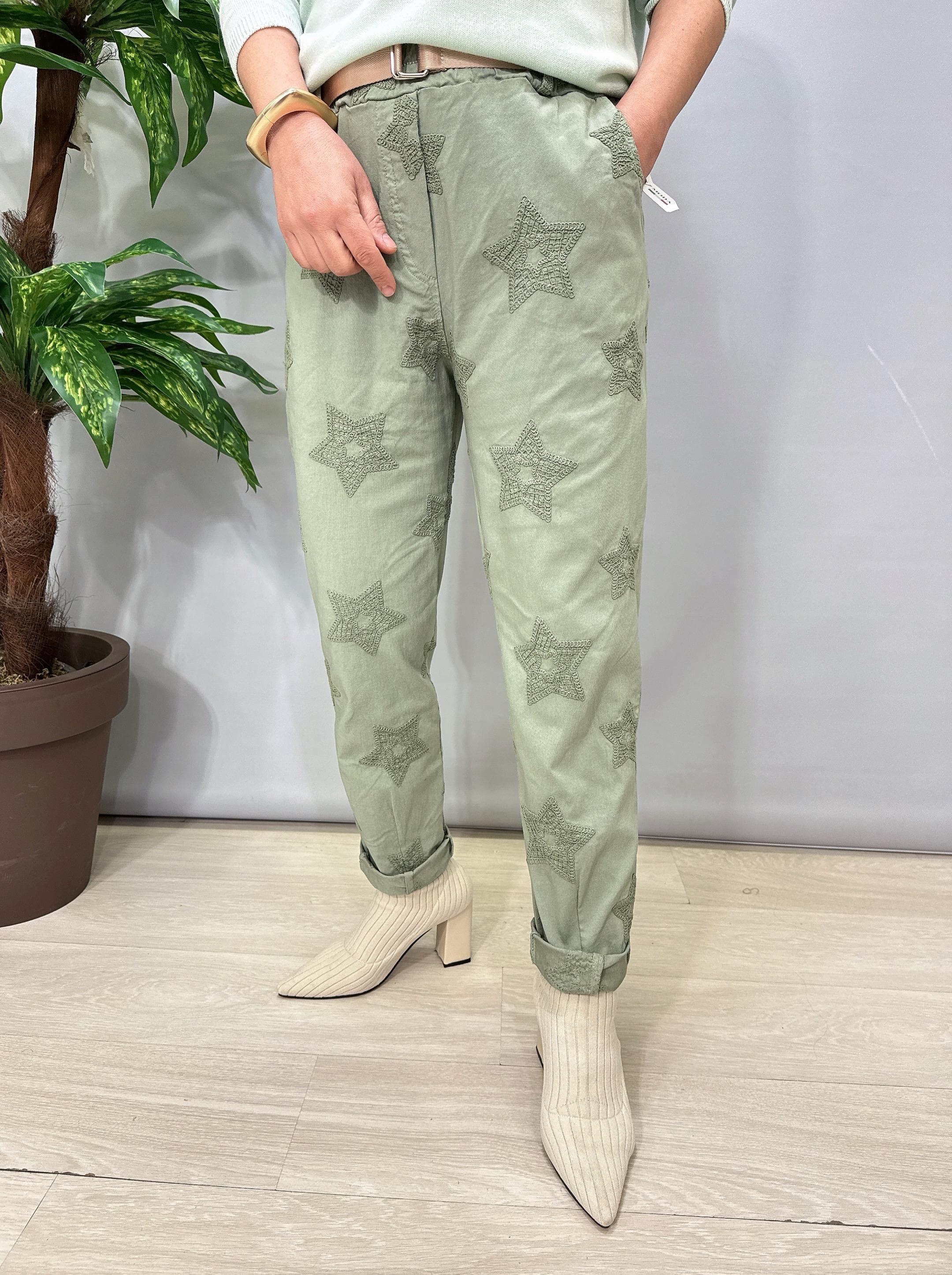 6025 Italyan Yıldız Nakış İşlemeli Pantolon Haki