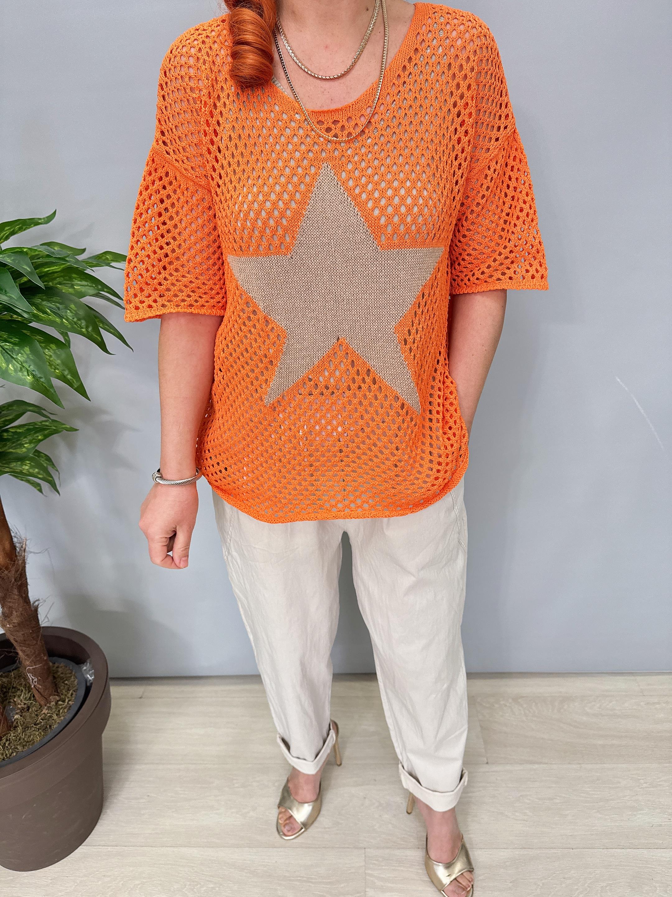 6030 Italyan Yıldız Detay File Bluz Turuncu