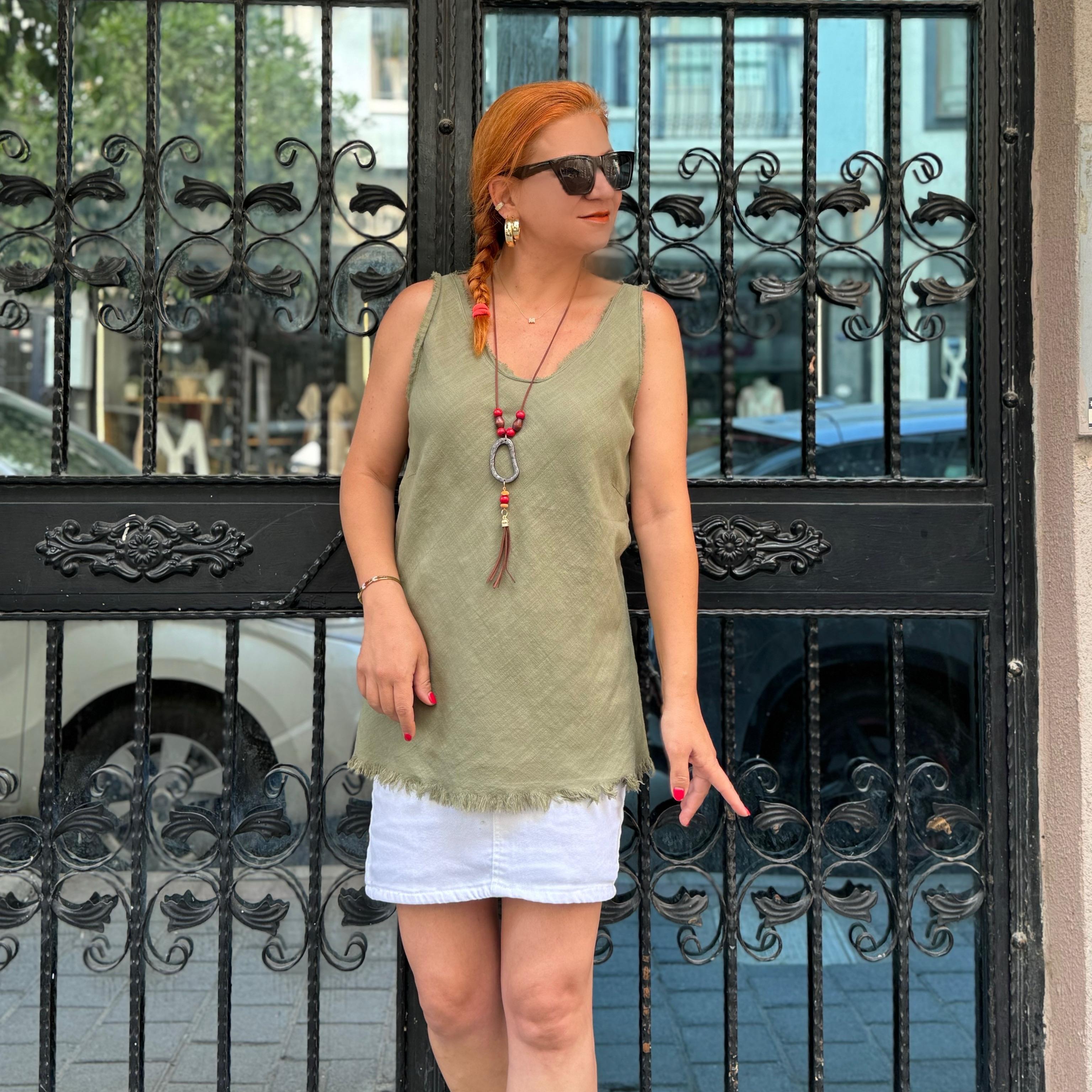 6100 KOLYE HEDİYELİ PAMUKLU ASKILI BLUZ HAKİ 36-40 BEDEN UYUMLUDUR