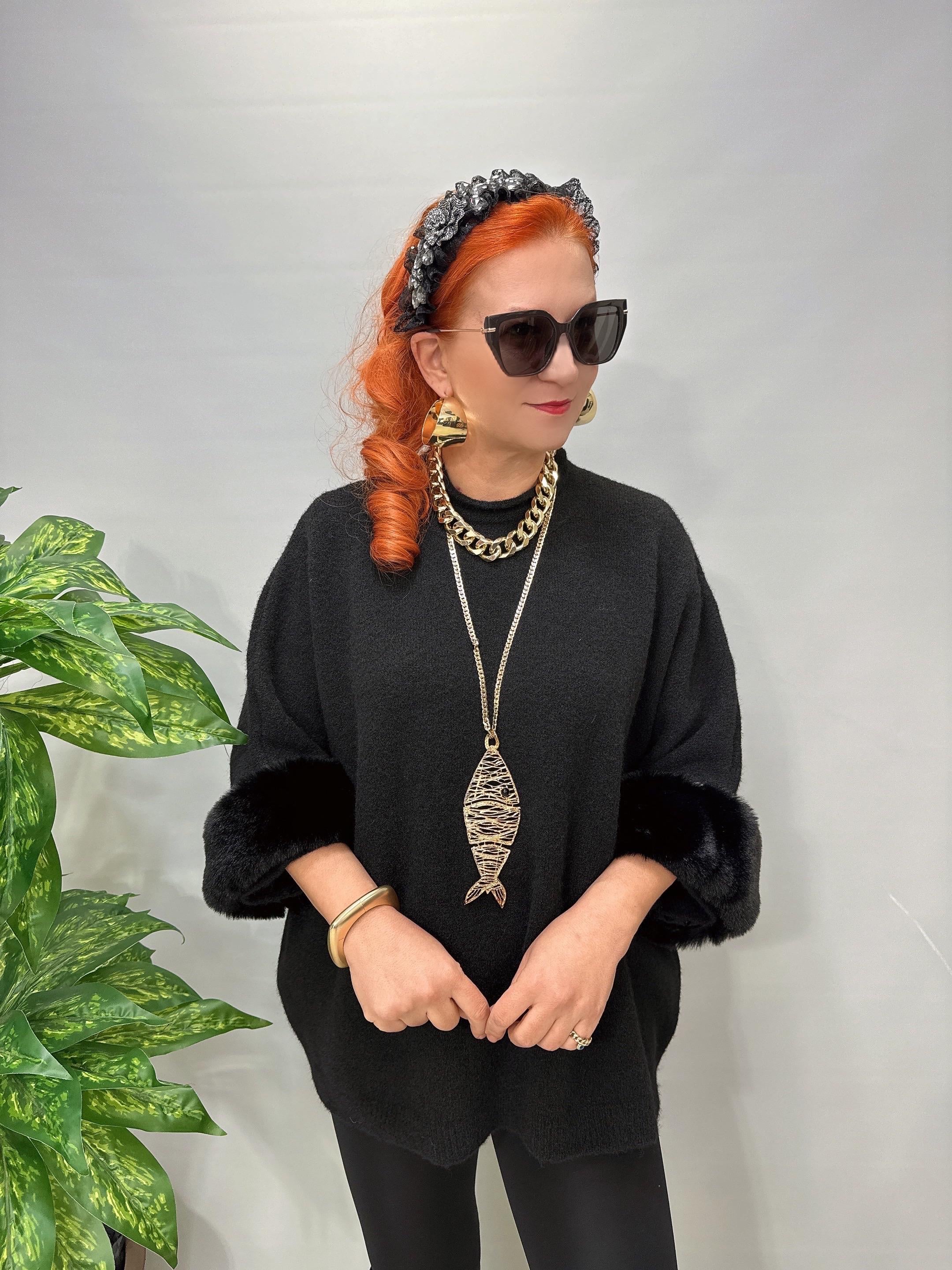 6230 Kollar Kürk Detaylı Triko Bluz Siyah