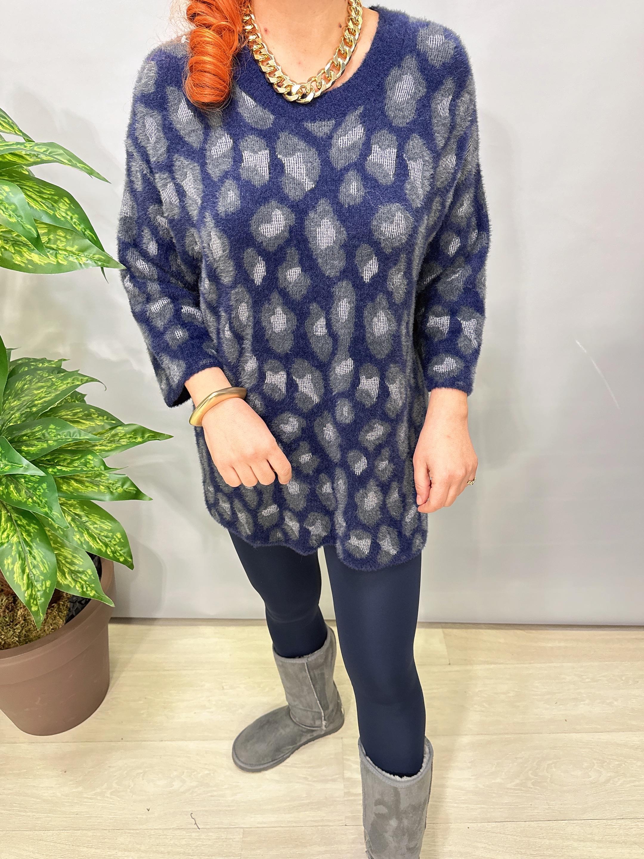 6233 Leopar Desen Triko Bluz Lacivert