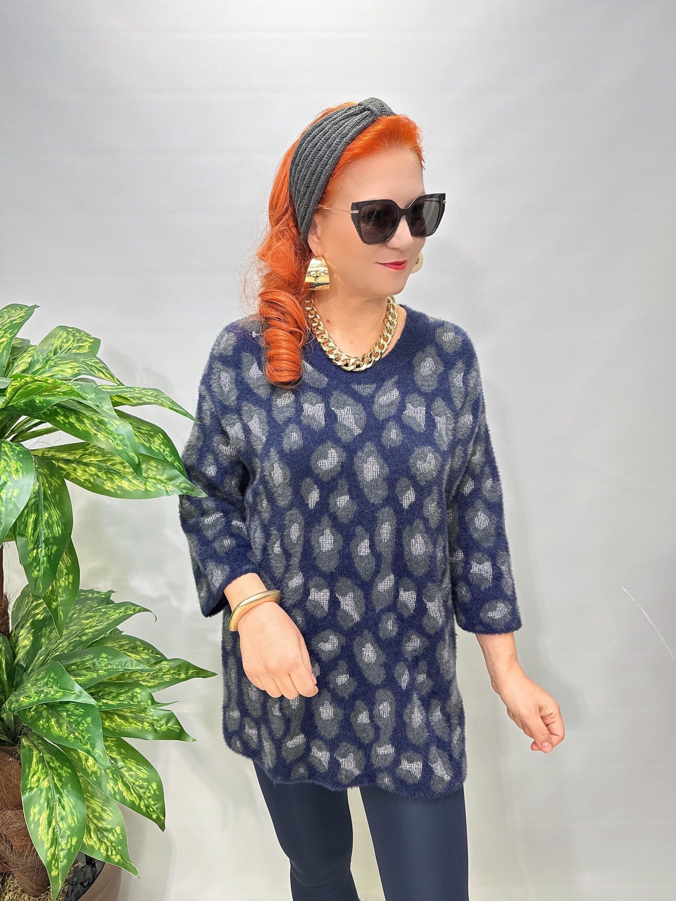 6233 Leopar Desen Triko Bluz Lacivert