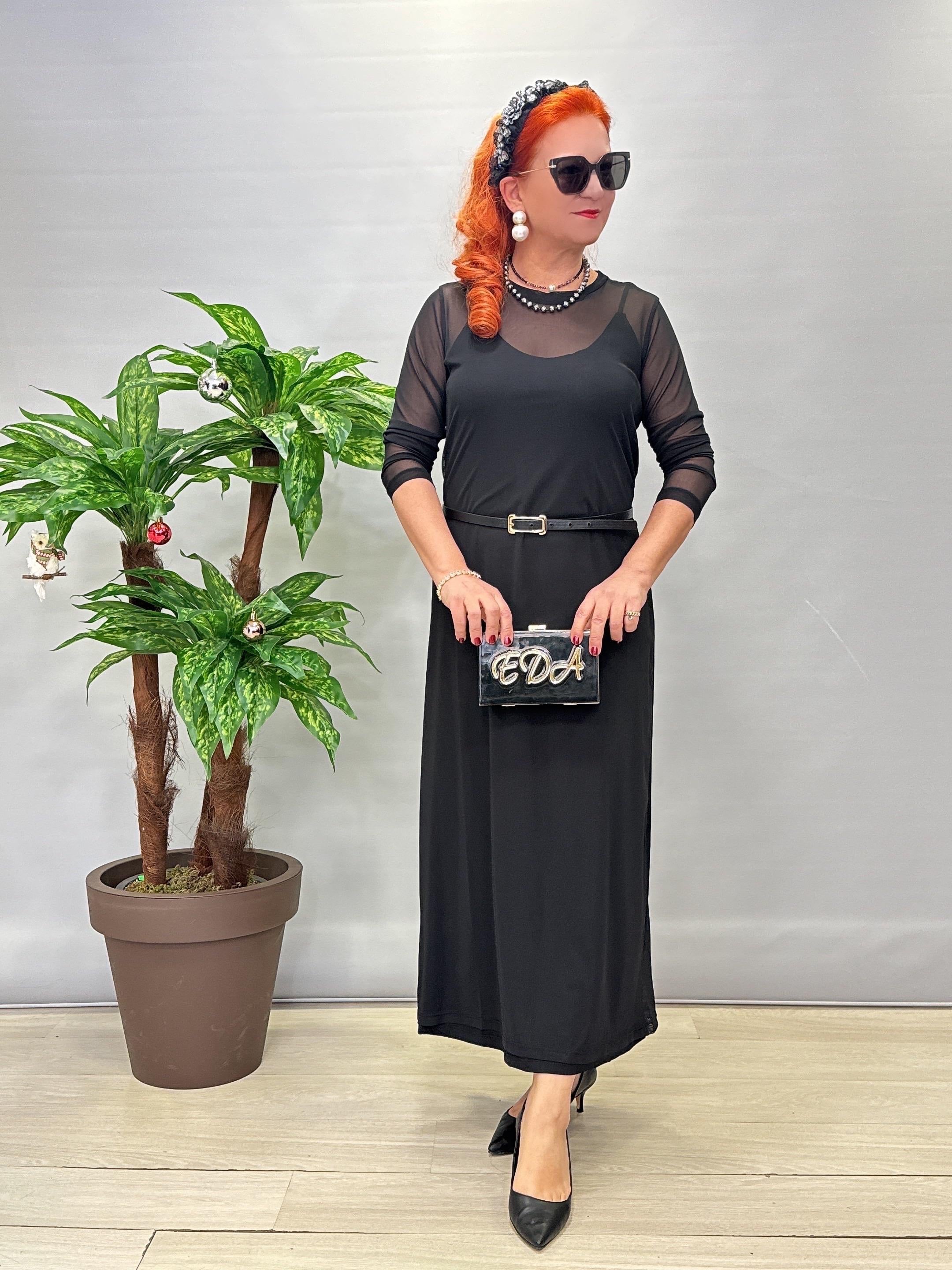 EDA ERATEŞLİ Tül Detaylı Siyah Midi Boy Elbise