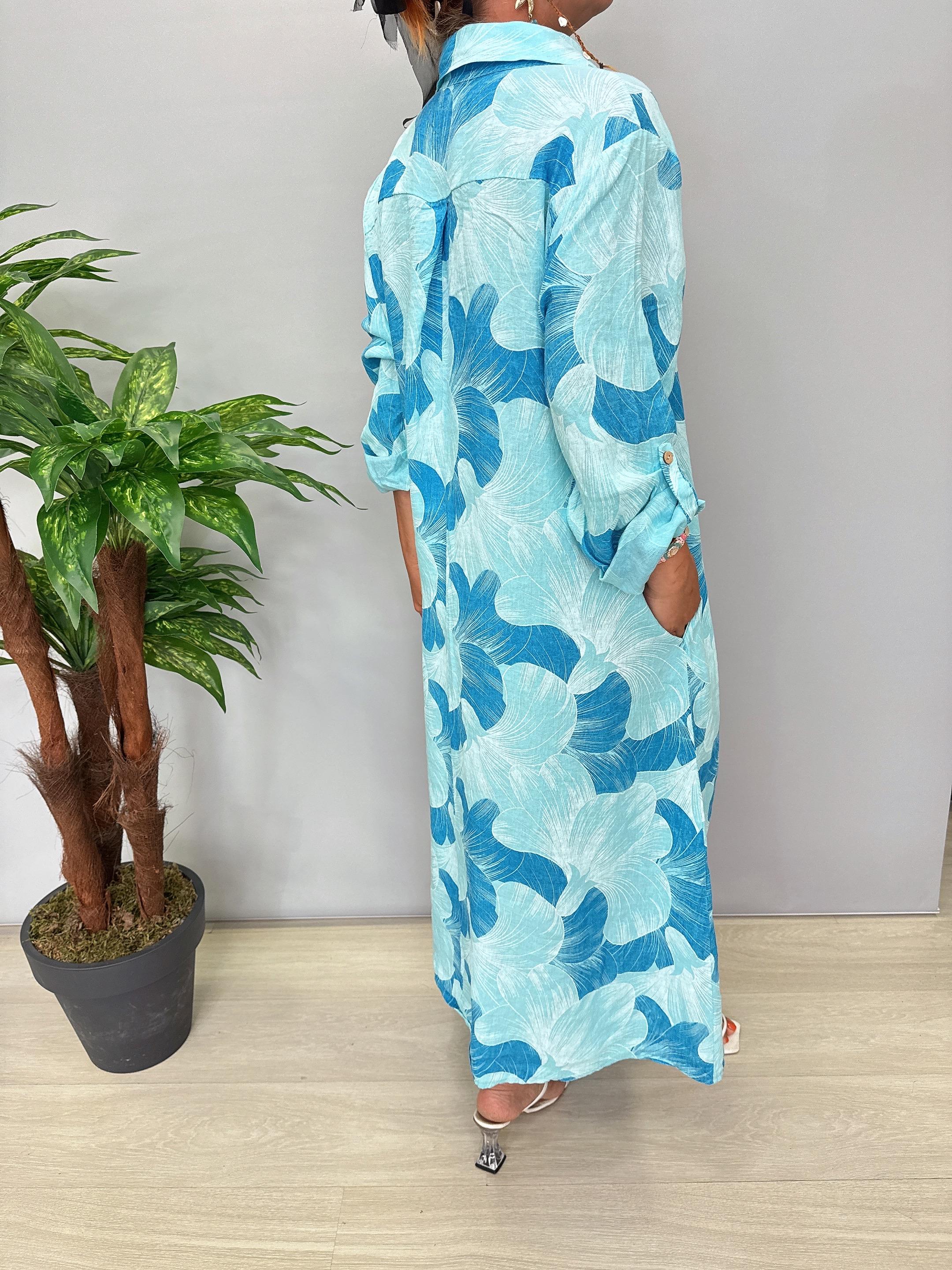 6515 Italyan Ham Keten Elbise Mavi