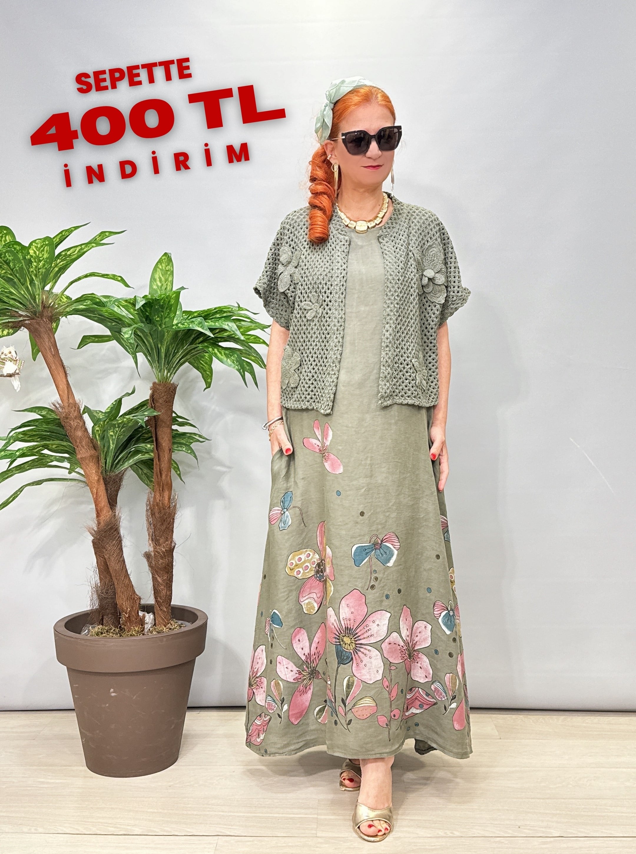 8590 Italyan Ham Keten Elbise Haki