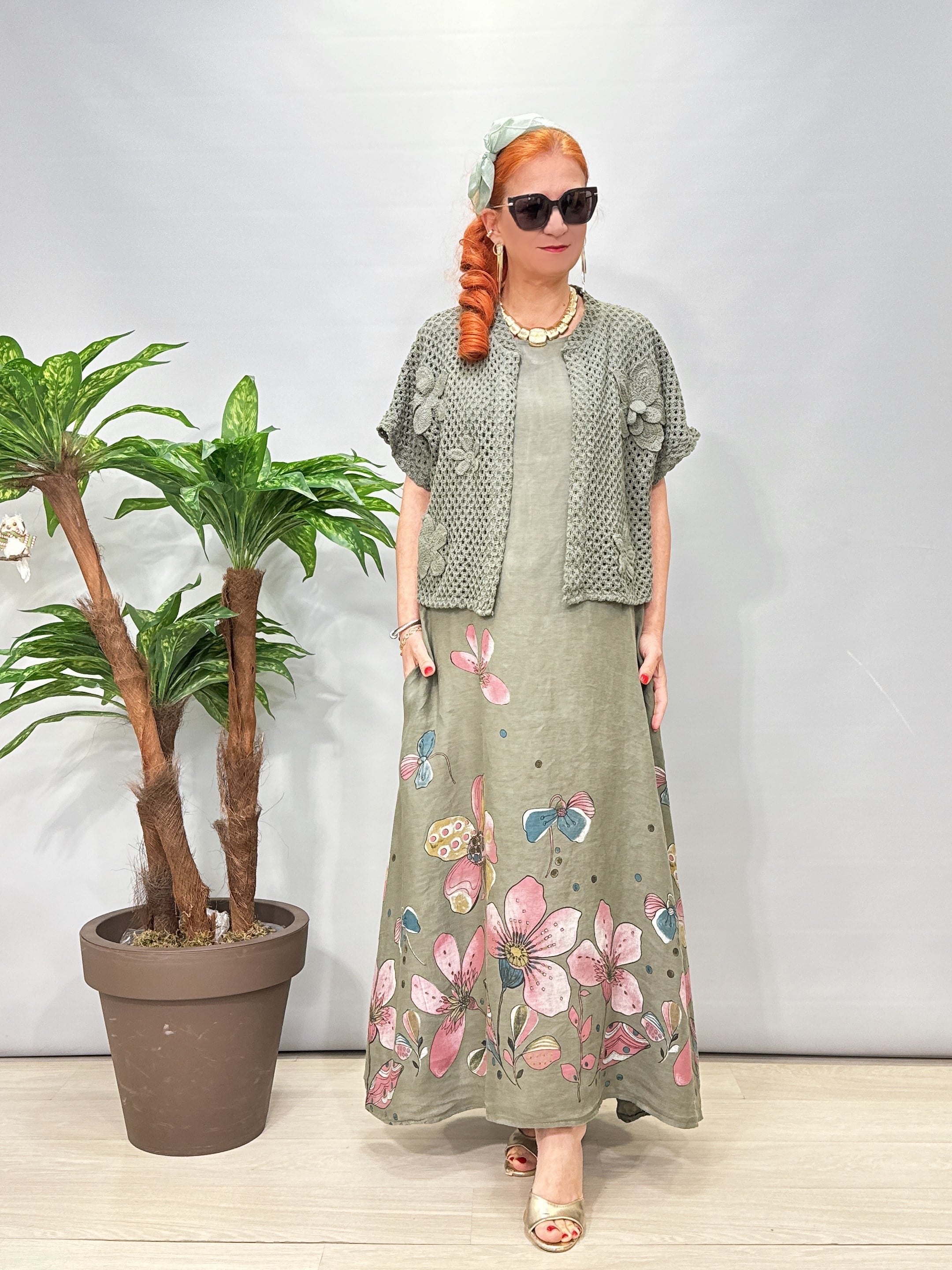 8590 Italyan Ham Keten Elbise Haki