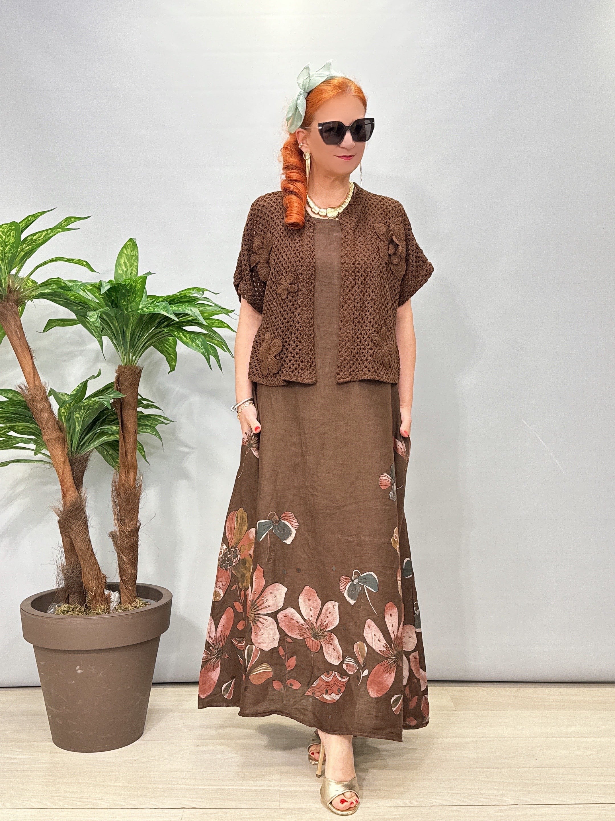 8590 Italyan Ham Keten Elbise Kahve