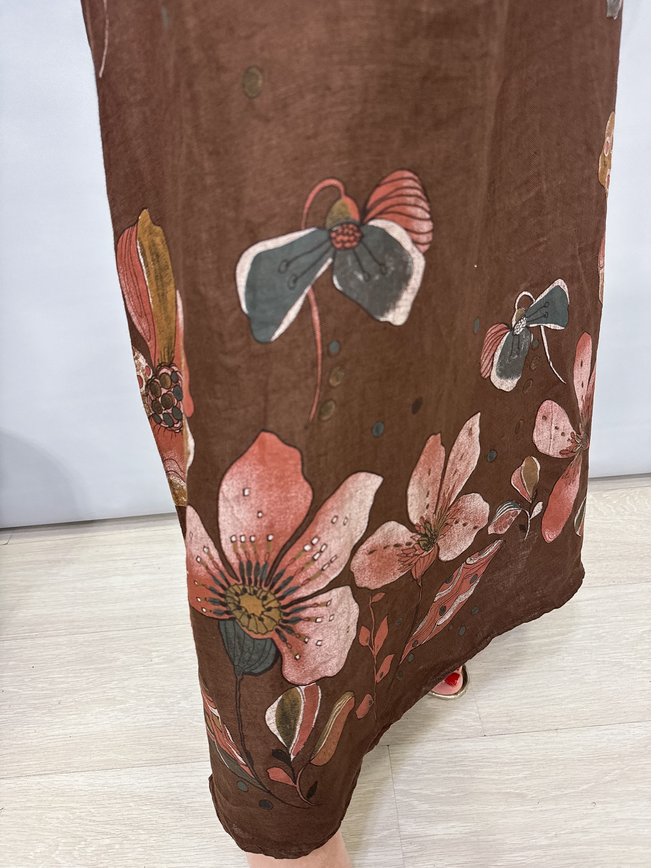 8590 Italyan Ham Keten Elbise Kahve