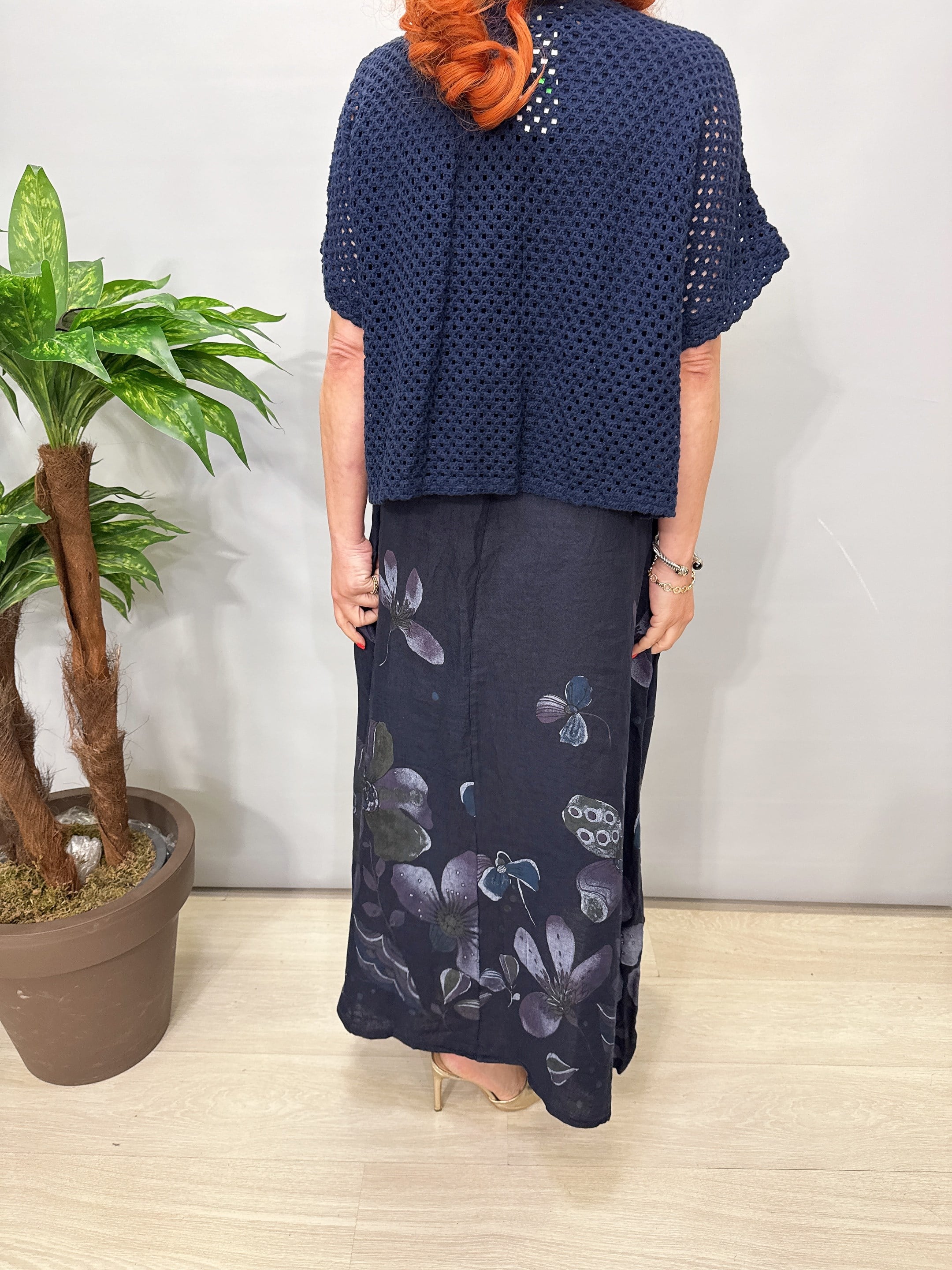 8590 Italyan Ham Keten Elbise Lacivert