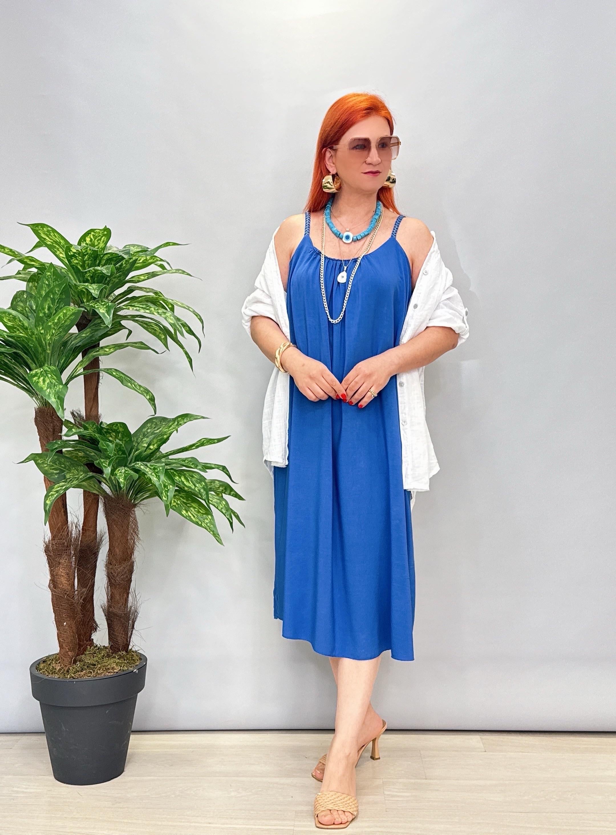 6615 İtalyan Tensel Viskon Elbise Saks Mavi