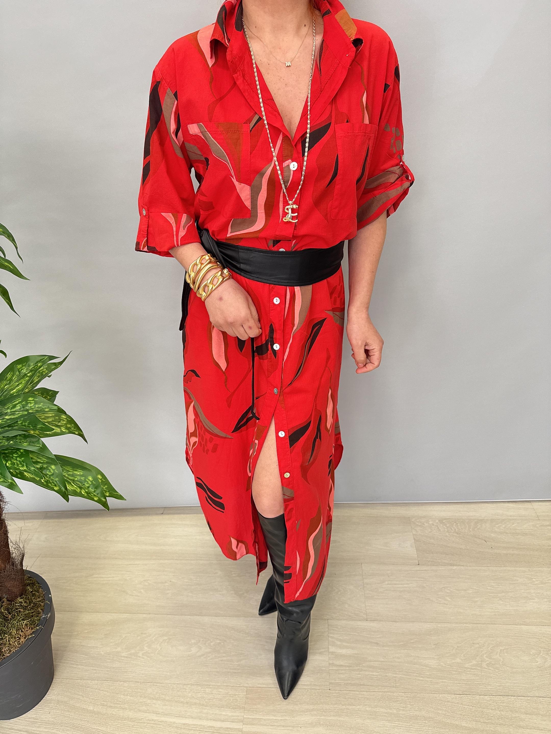 MNS 6645 PAMUKLU GÖMLEK ELBİSE KIRMIZI (KEMER DAHİL DEĞİLDİR)