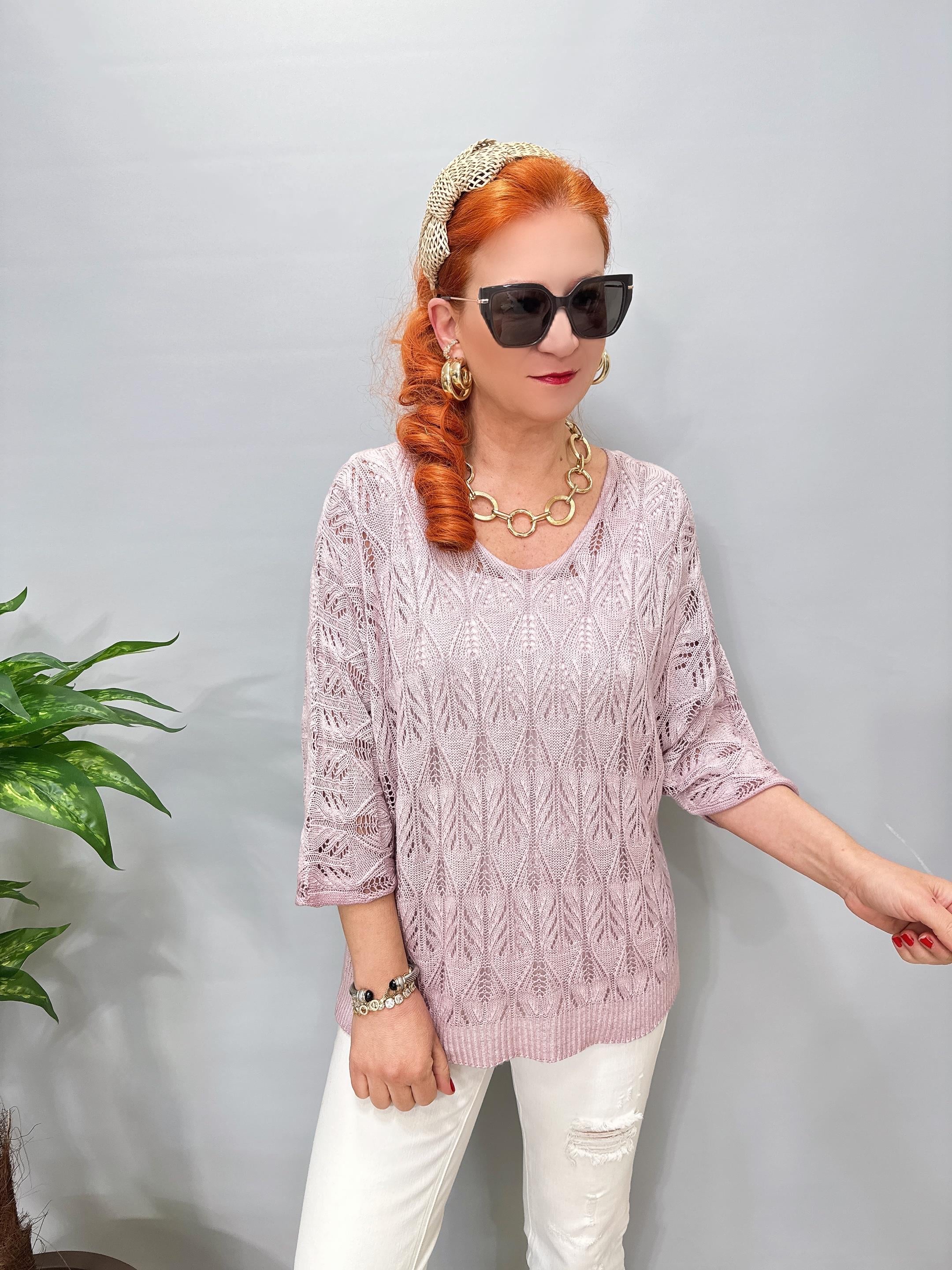 6690 Italyan Ajurlu Triko Bluz Açık Leylak