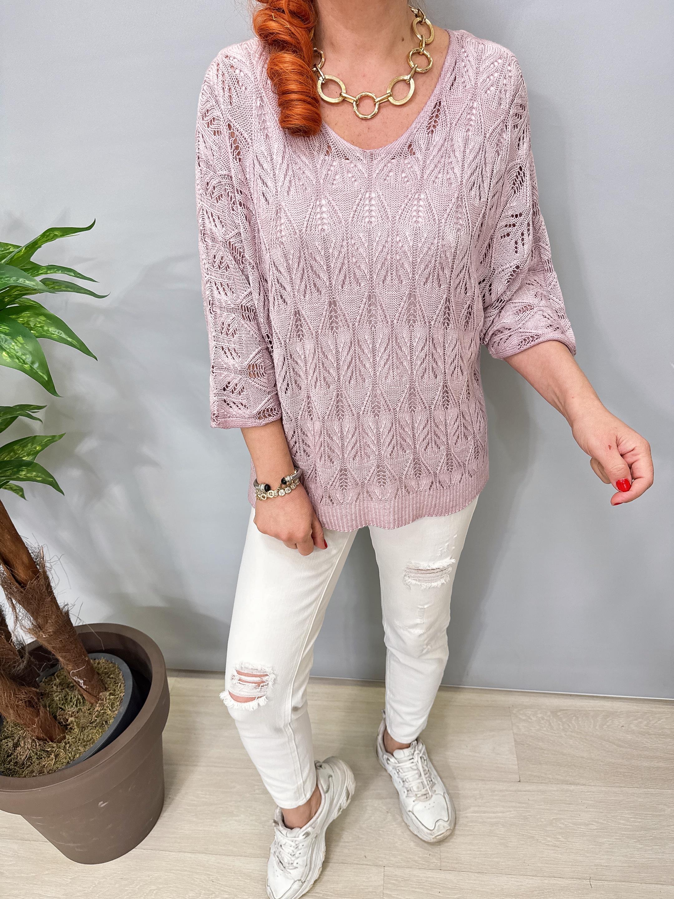 6690 Italyan Ajurlu Triko Bluz Açık Leylak