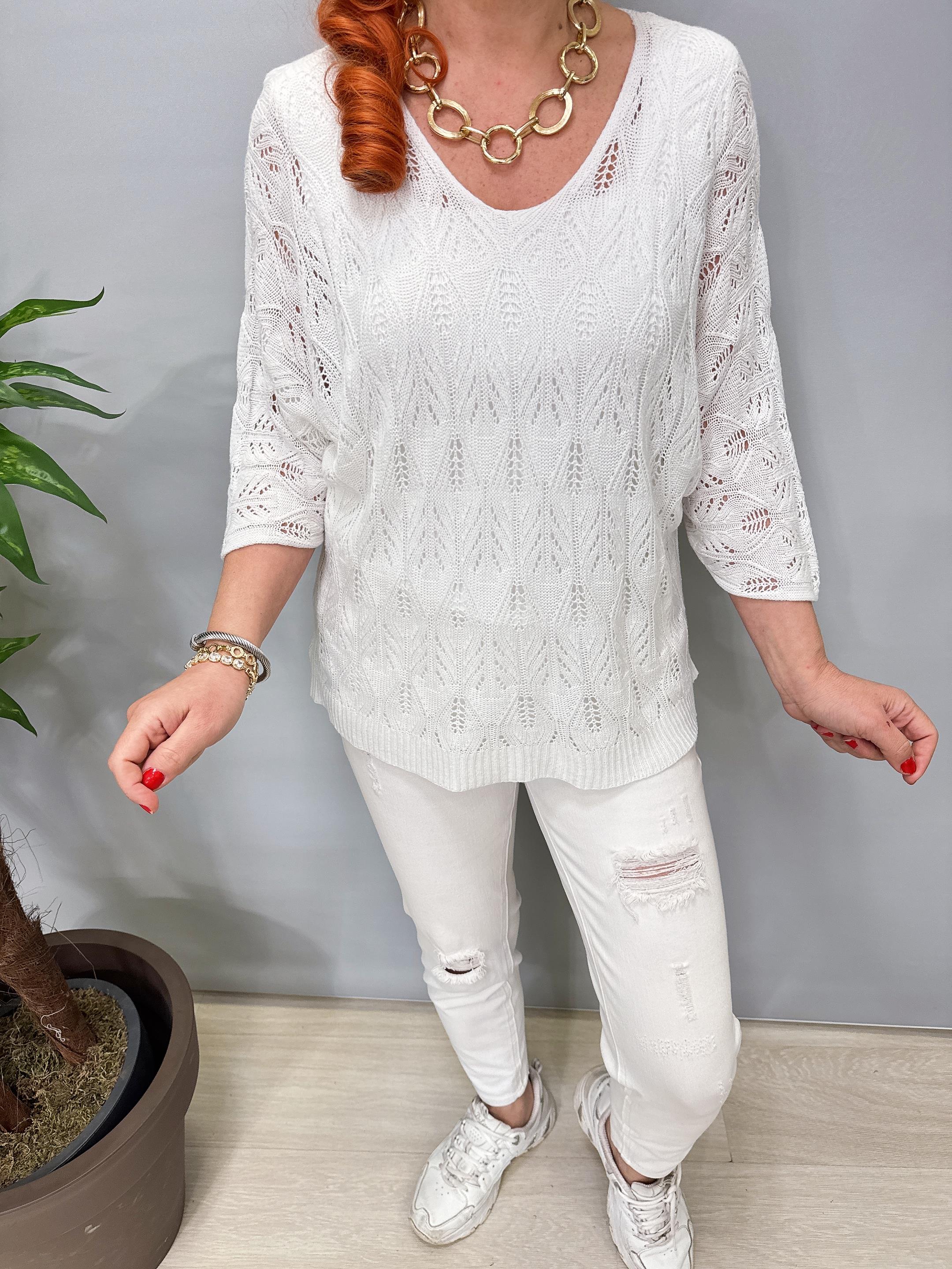 6690 Italyan Ajurlu Triko Bluz Beyaz